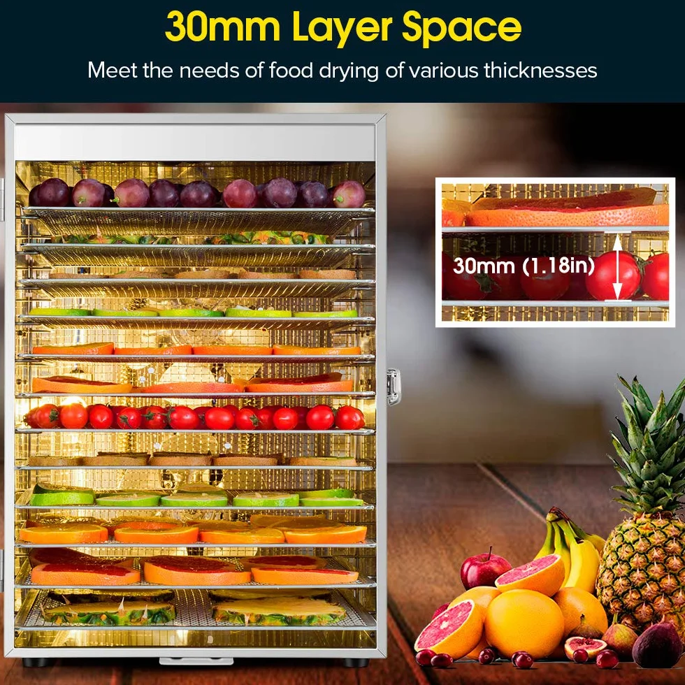 Suszarka do żywności ze stali nierdzewnej 12 garnków podwójny wentylator 360° timer 24h regulacja temperatury 20-90°C