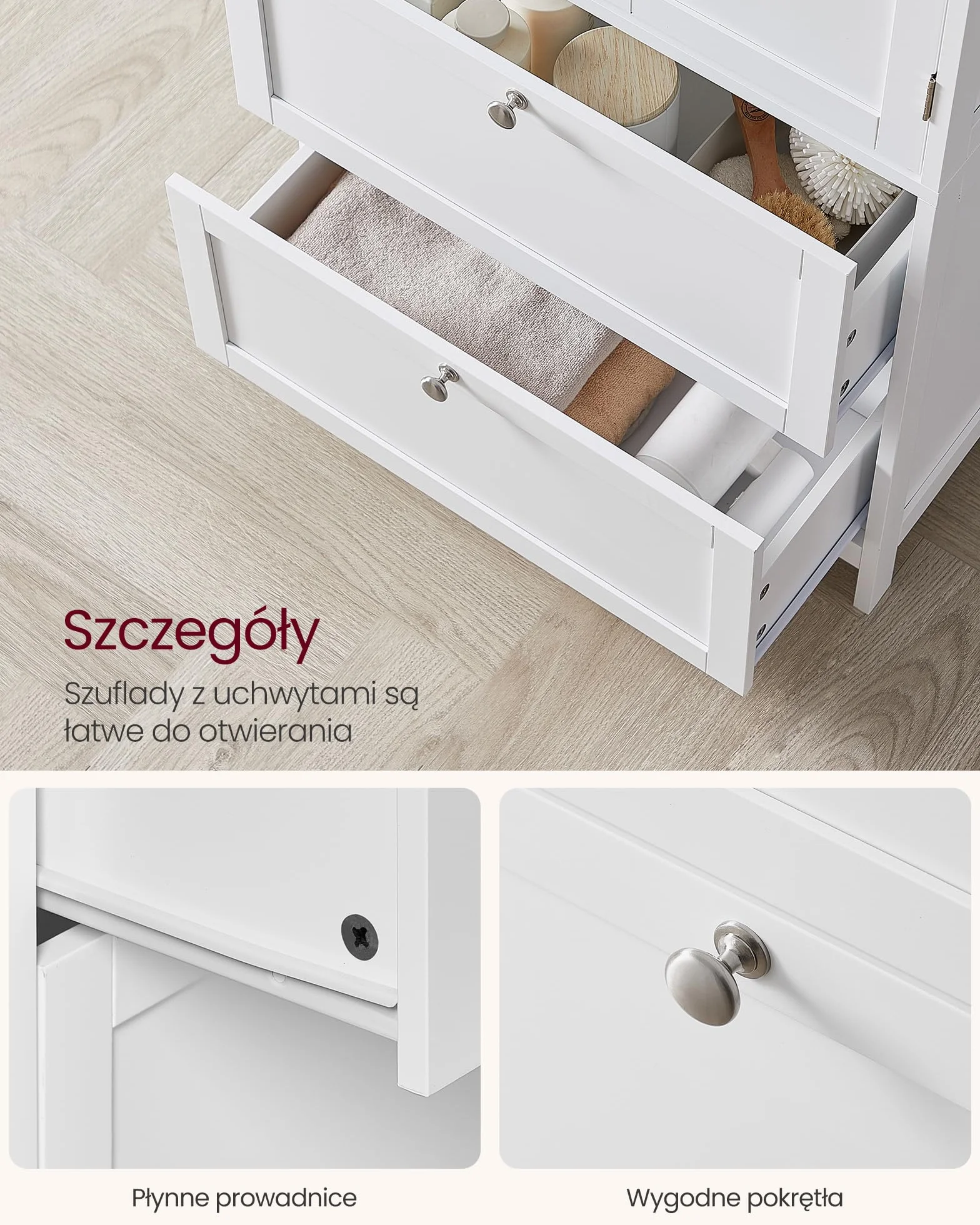 VASAGLE Szafka łazienkowa, szafka do przechowywania w łazience, wolnostojąca szafka z 2 szufladami i 2 drzwiami, regulowana półka, 30 x 60 x 110 cm, biały BBC551P31