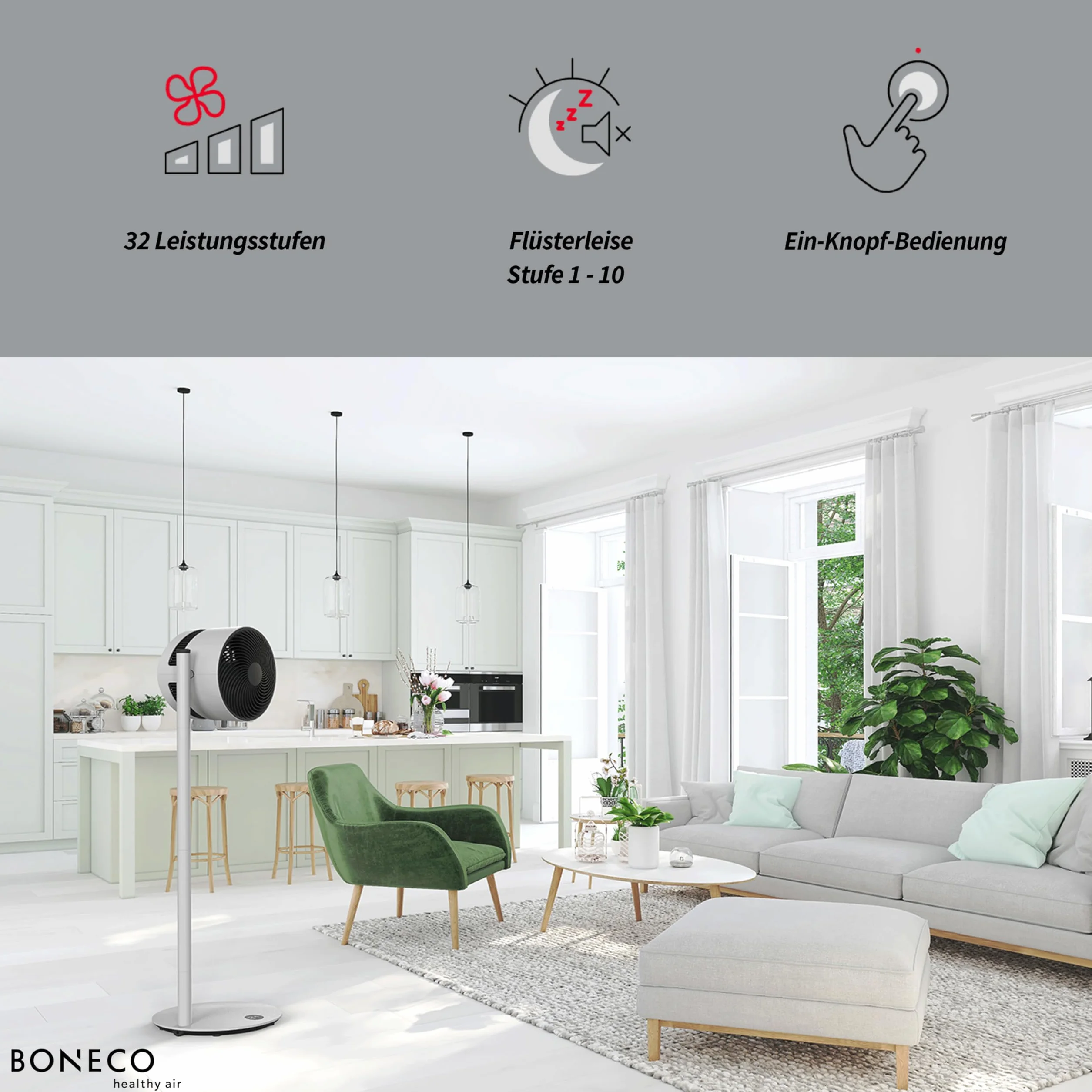 BONECO Air Shower F235 wentylator stojący 32 poziomy mocy sterowanie aplikacją cicha szara