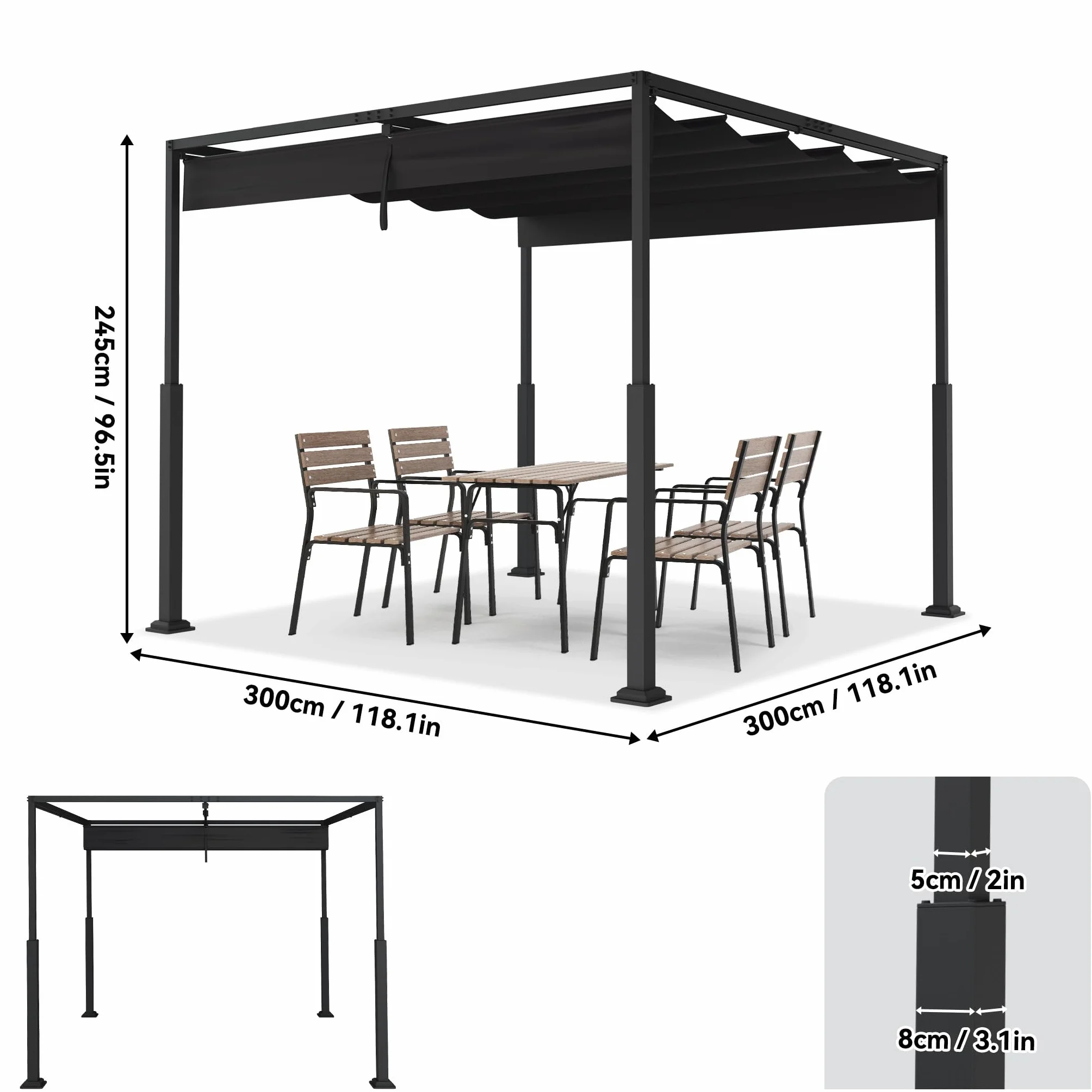 ACXIN Pergola z przesuwnym dachem, zadaszenie tarasu ze stalowej ramy, wodoodporny poliester powlekany PA 160 g, wolnostojący pawilon ogrodowy z regulowaną ochroną przed słońcem (czarna, 3 x 3 m)