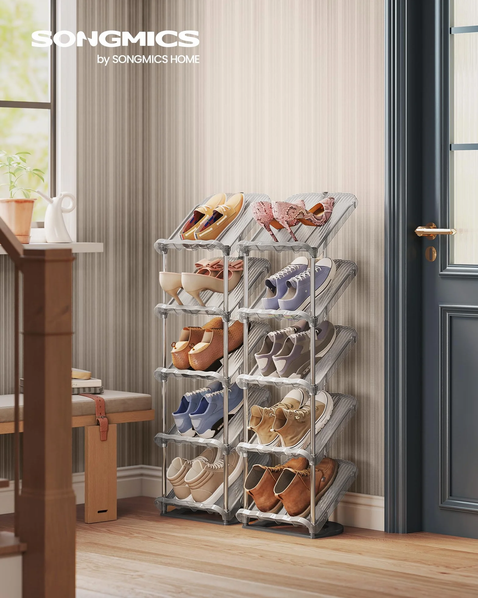 SONGMICS Półka na buty, 5 poziomów, zestaw 2 szt., skośna półka na buty, organizer na buty, plastik, 24,5 x 28,4 x 102,5 cm, elastyczne opcje łączenia, wejście, korytarz, garderoba, szary LPC050GZ01