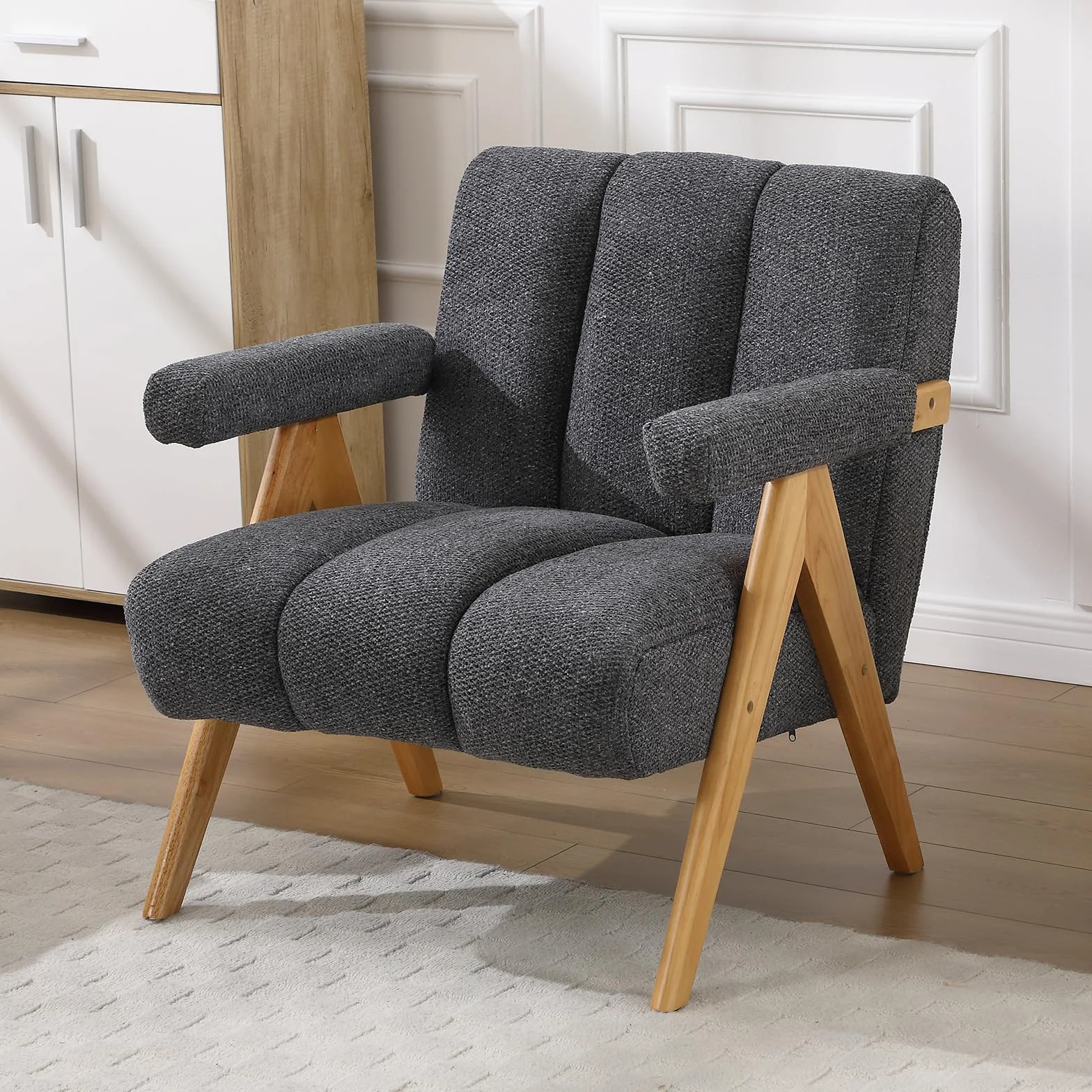 chairus Krzesło Modern Chenille do salonu, fotel akcentowy z litej drewnianej nóżkami, wygodne krzesło wypoczynkowe z podłokietnikami, tapicerowana kanapa jednoosobowa do sypialni, szary