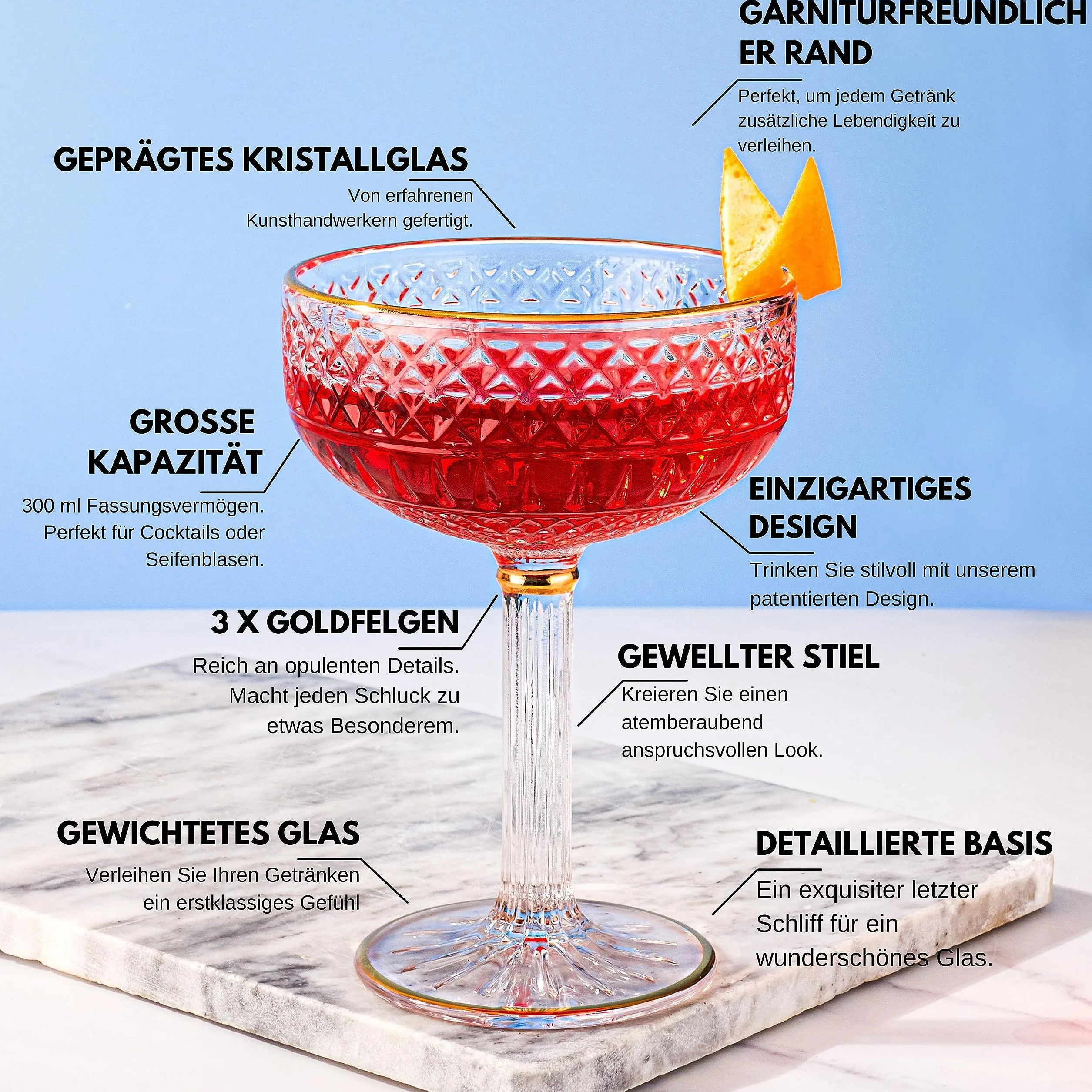 VEMACITY Zestaw 4 kieliszków do espresso Martini ze złotymi felgami, piękne, wzorzyste kieliszki Coupe, zestaw 4 sztuk, uniwersalne kieliszki do szampana, kosmopolitycznego, margarity, coupe martini.
