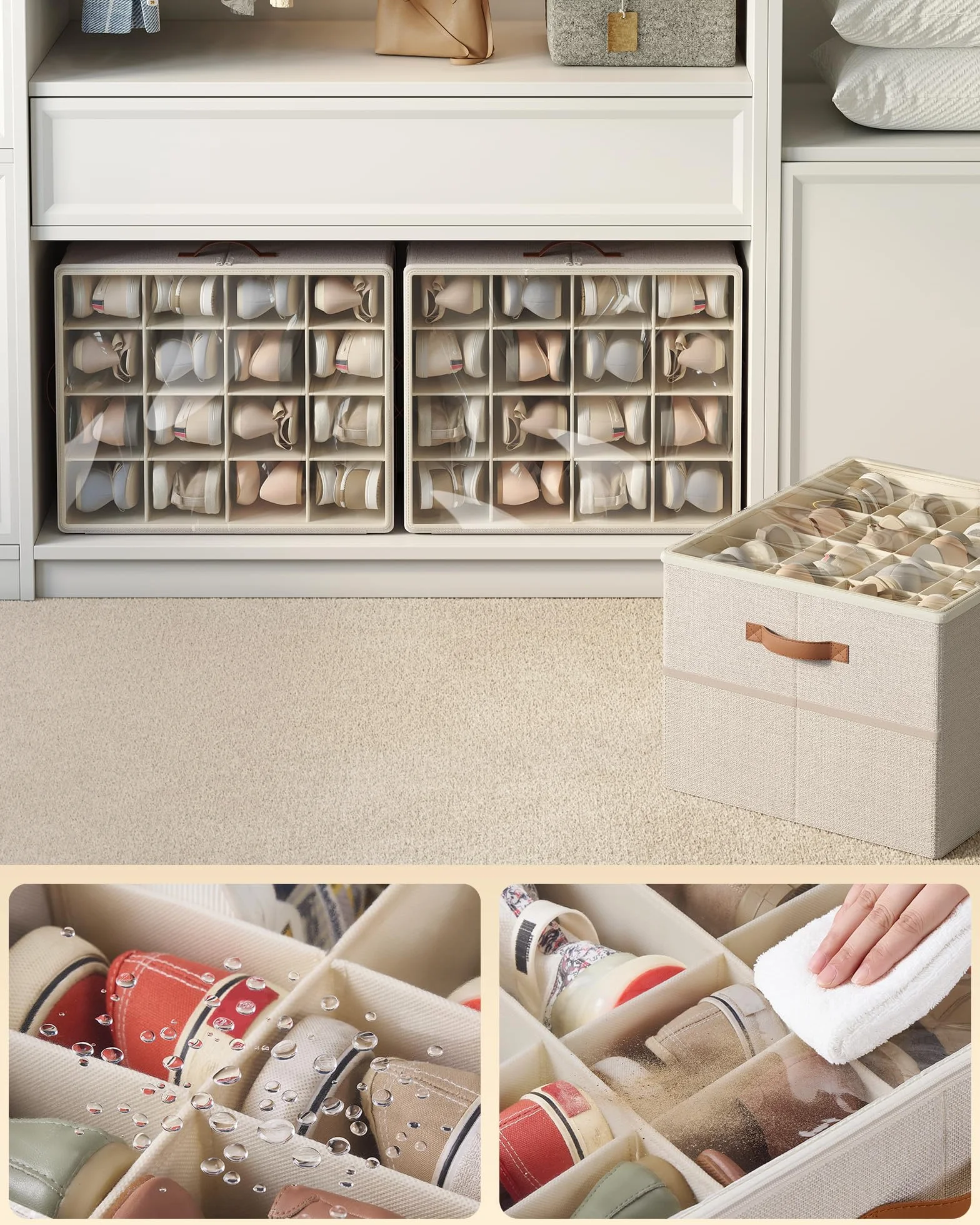 SONGMICS Organizer na buty, przechowywanie butów, na 16 par butów, pudełko na buty, uchwyty, oszczędność miejsca, do szafy, Cappuccino Beige LSP555K01