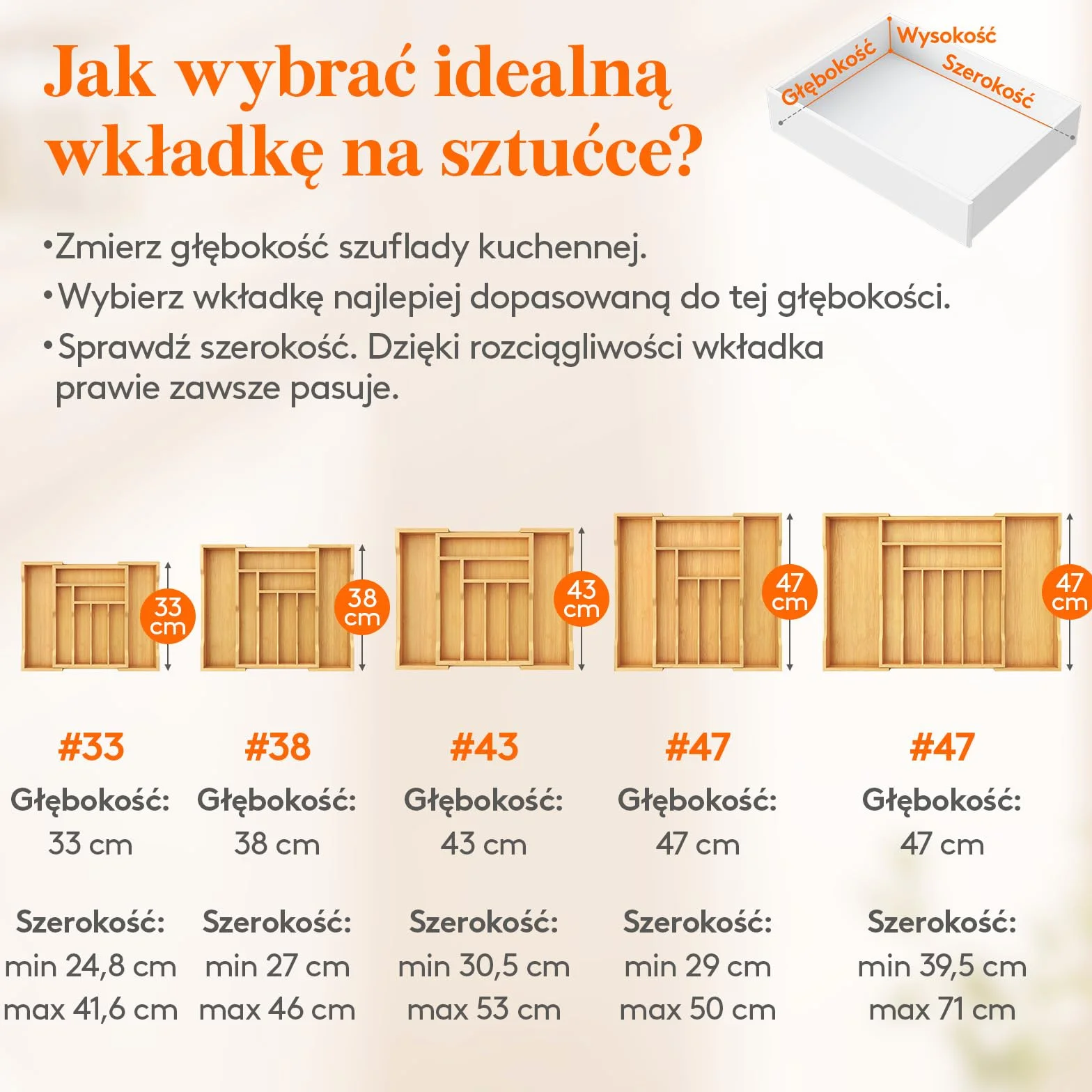 Lifewit Szuflada na Sztućce Bambusowa Wkładka 33 cm Głębokość 42 cm Szerokość