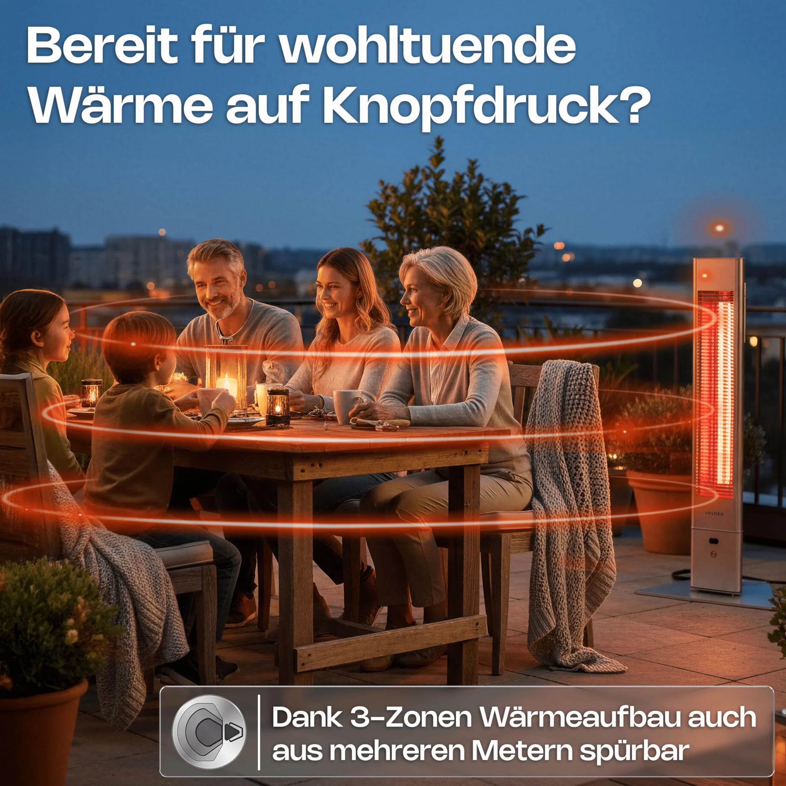 VASNER HeatTower Infrarot Heizstrahler Terrasse 2500 Watt 4 Heizstufen Standheizstrahler elektrisch mit Fernbedienung IP65 Schutz für Outdoor oder Bad