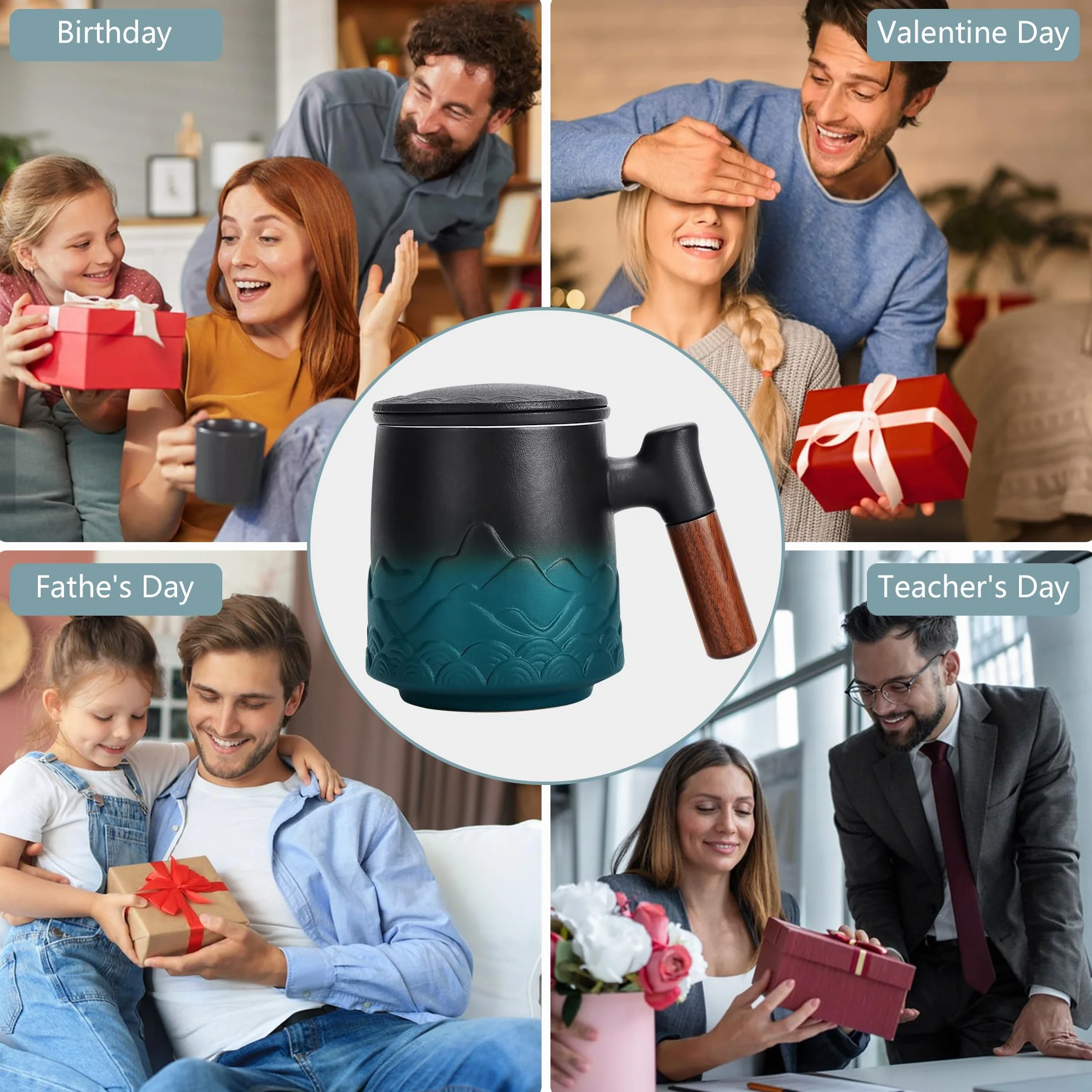 Ceramiczna filiżanka do herbaty z pokrywką i sitkiem, drewniany uchwyt, zielona