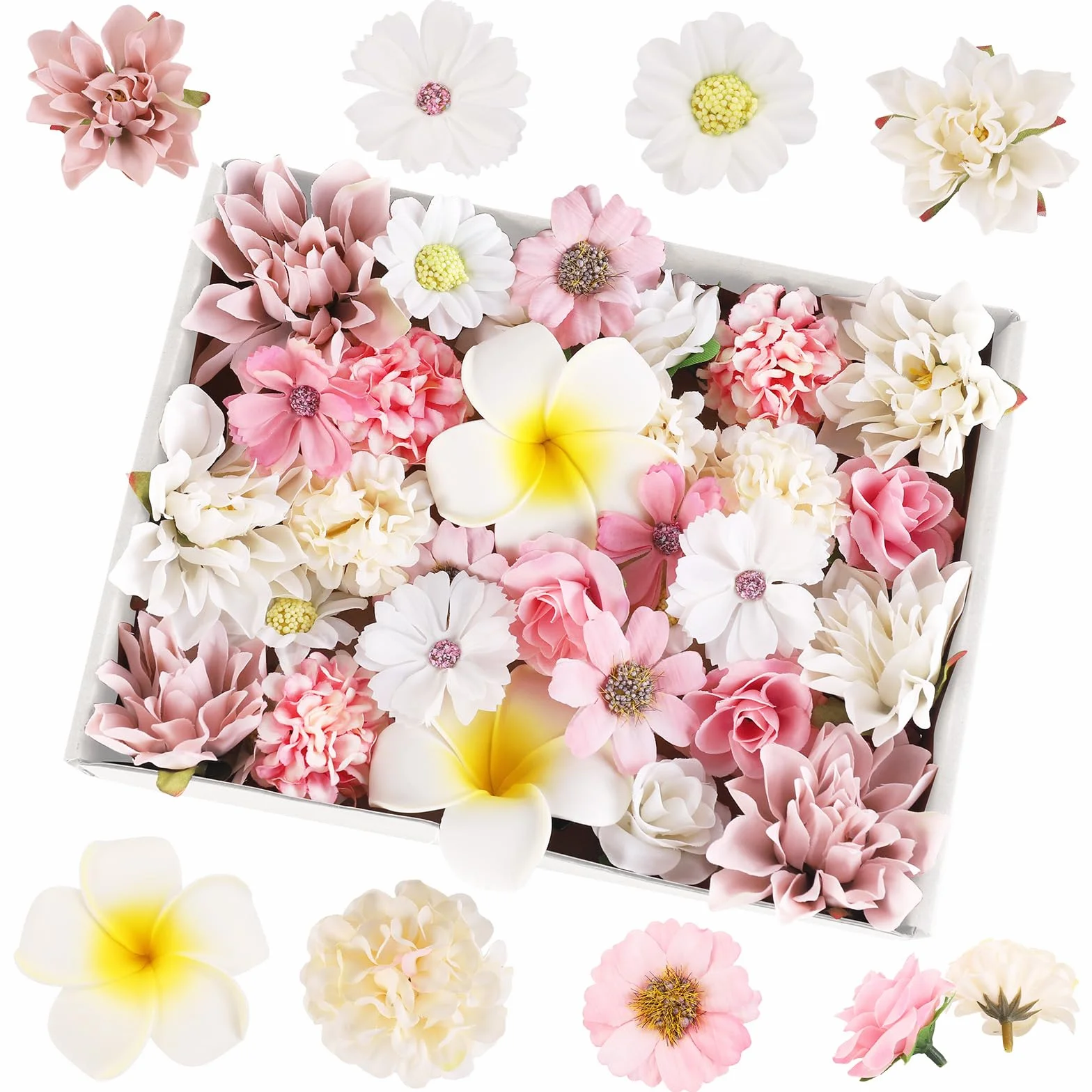 36 szt., sztuczne kwiaty, sztuczne dekoracje, różowo-białe, małe kwiaty z tkaniny, 2 pęsety do włosów, do samodzielnego wykonania, bukietu, scrapbookingu, ślubu, na imprezę, festiwal, rękodzieło