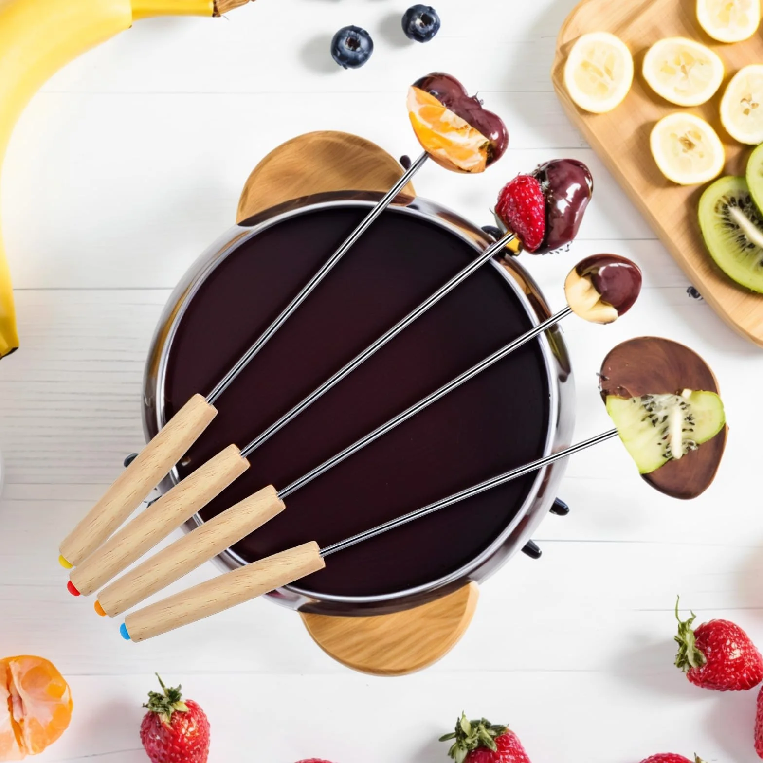 Widelce do fondue ze stali nierdzewnej 22 cm oznaczone kolorami z drewnianym uchwytem