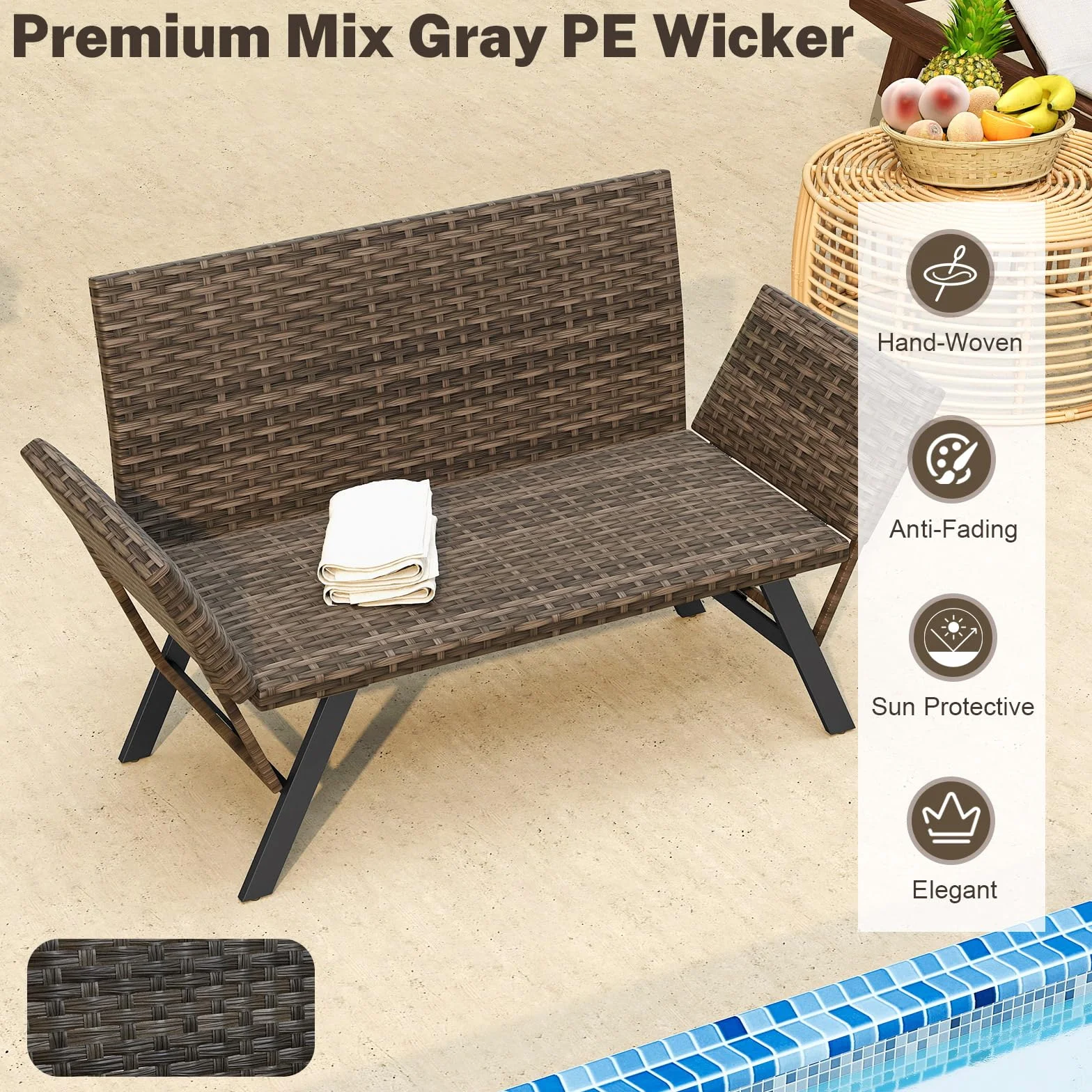 GIANTEX 2-osobowa rattanowa sofa ogrodowa, rozkładana ławka ogrodowa z regulowanymi podłokietnikami, pleciona konstrukcja, długość 163–178 cm, obciążenie 300 kg, leżanka ogrodowa na taras
