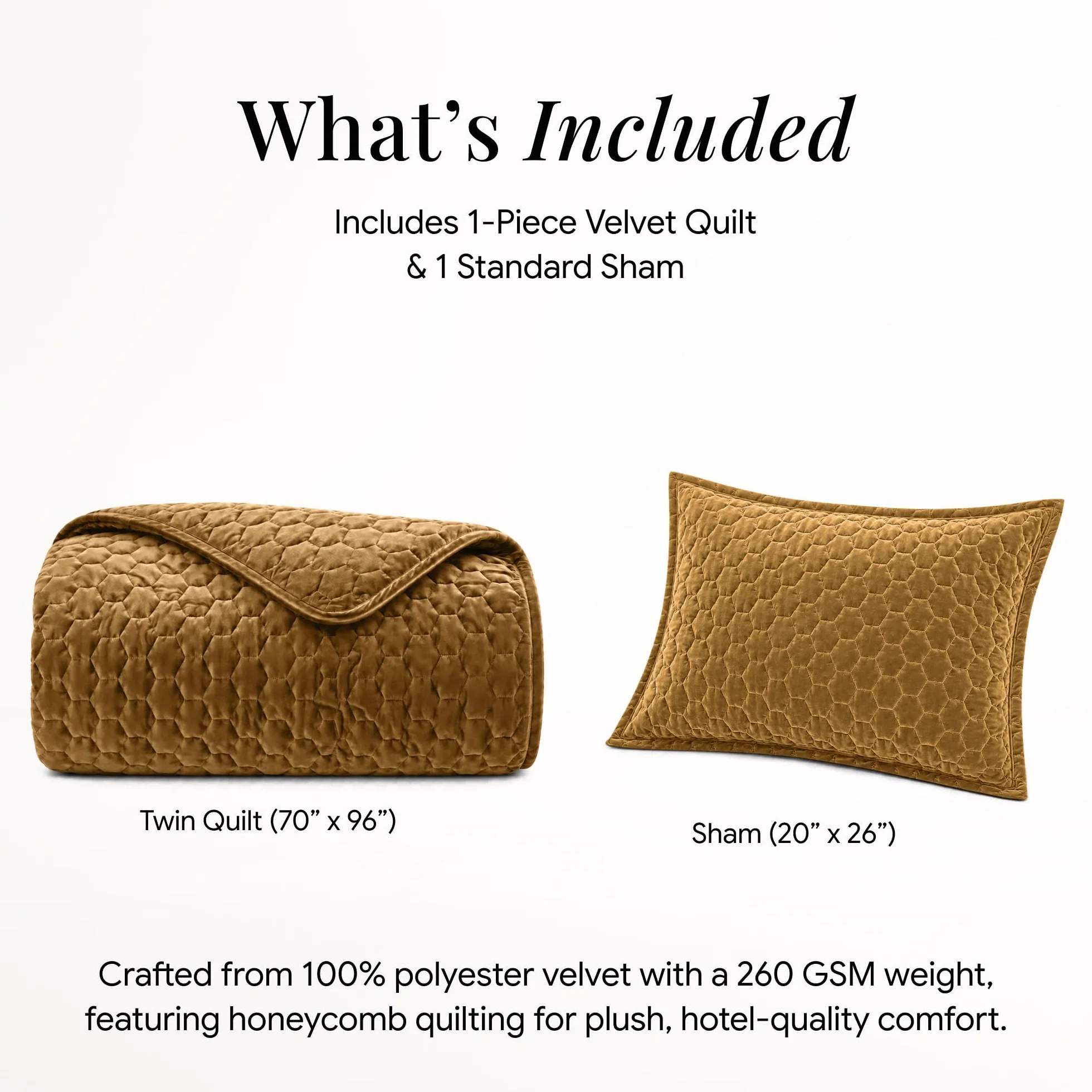 Tribeca Living Velvet Twin Quilt, Two-Piece Honeycomb Stitch Bedding Set Includes One Oversized Quilt & Sham Pillowcase, 260GSM Super Soft Velvet, Lugano/Camel