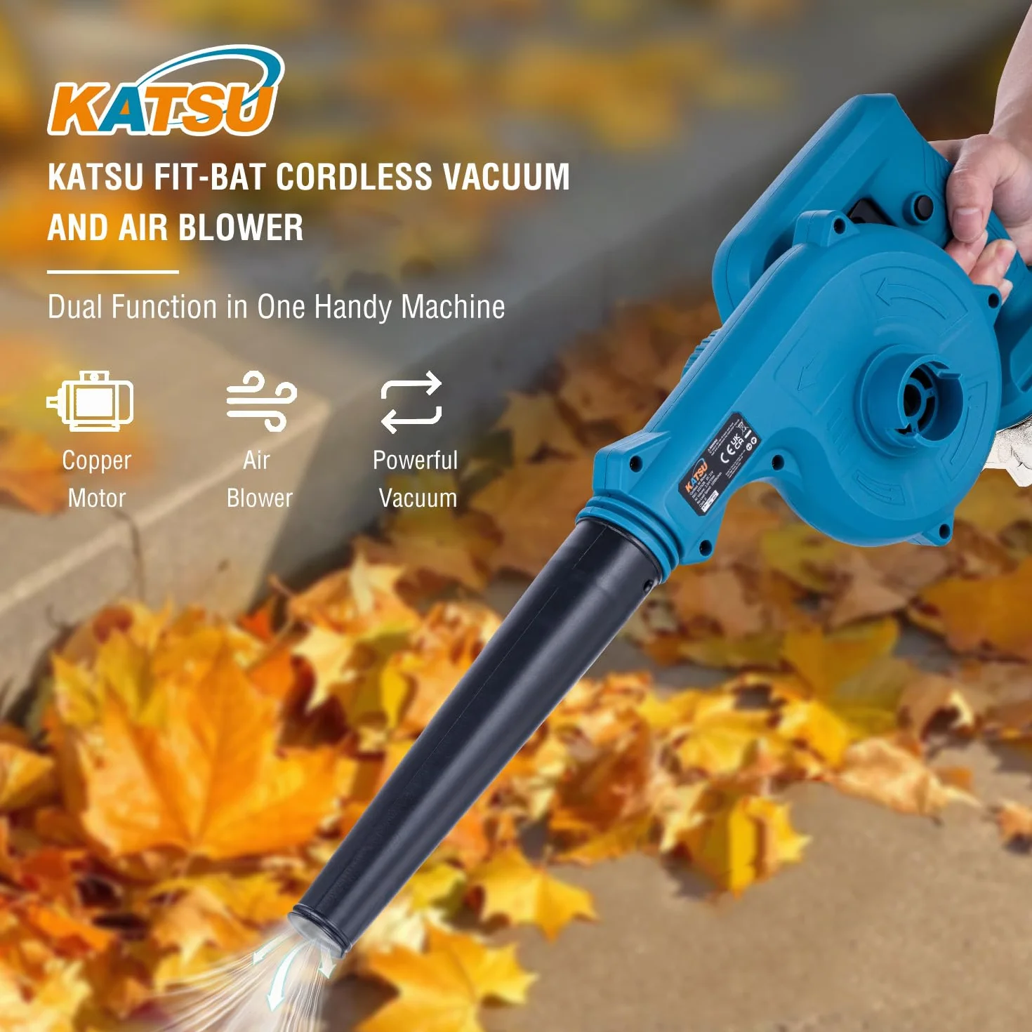 KATSU FIT-BAT akumulatorowa dmuchawa 21 V, przenośna dmuchawa do liści do domu, ogrodu, pielęgnacji trawnika, odkurzanie liści, usuwanie kurzu z narożników samochodowych, bez baterii i ładowarki