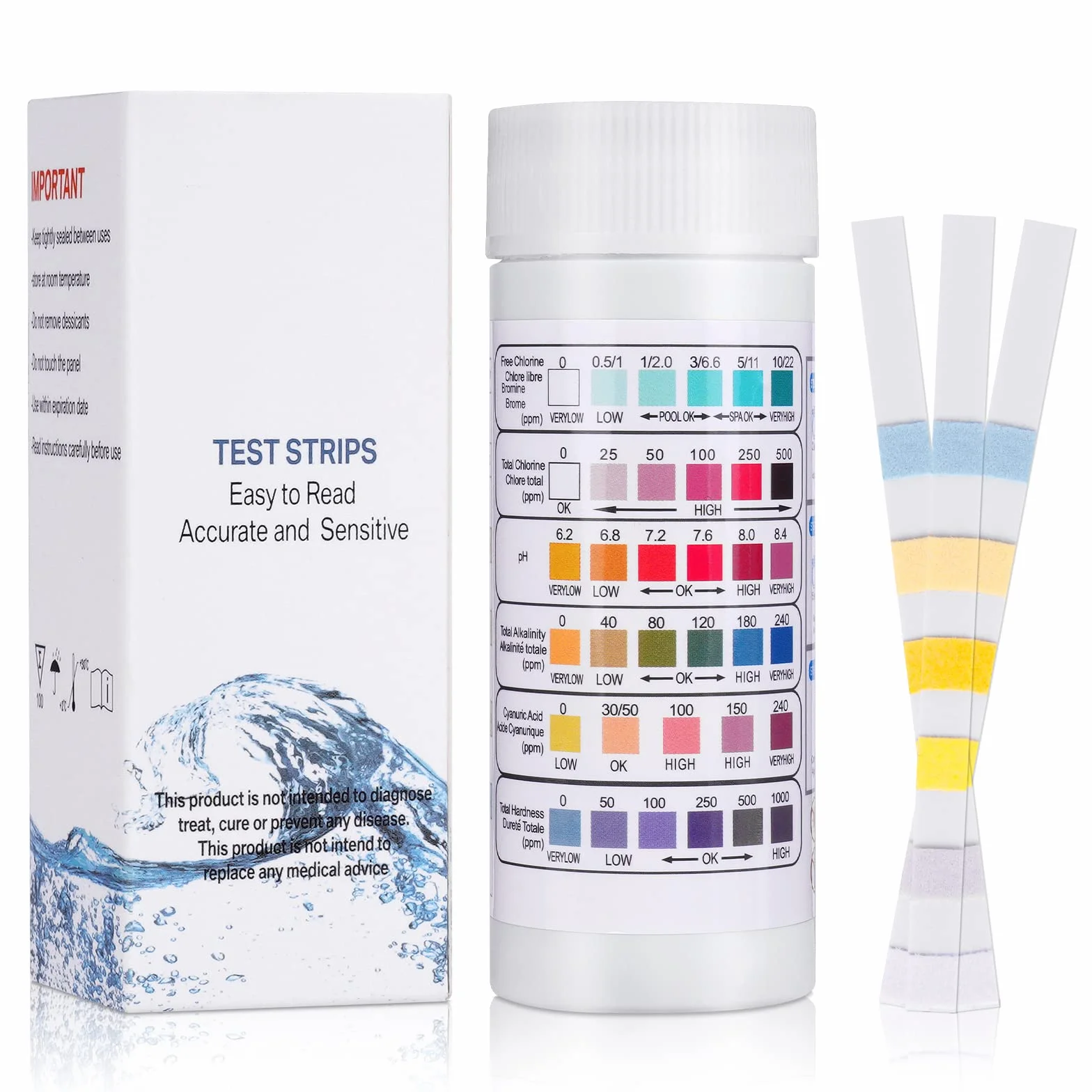 Flintronic Zestaw 50 pasków testowych do kontrolowania jakości wody basenowej 6 w 1, do chloru, bromu, PH, zasadowości całkowitej, twardości, kwasu cyjanurowego, paski do spa i basenu