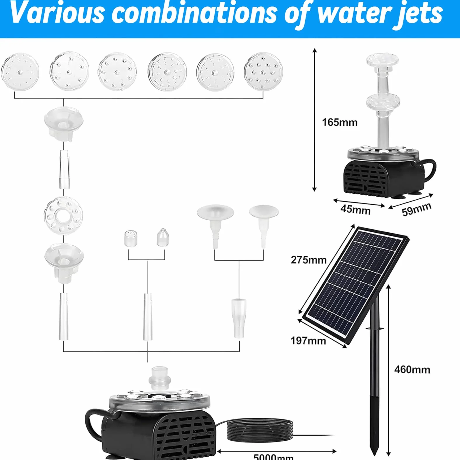 Fontanna solarna 7 W z pilotem zdalnego sterowania, podwójna fontanna, solarna pompa do stawu, pompa wodna wbudowana bateria 3000 mAh, pompa solarna z 10 stylami fontanny do ogrodu