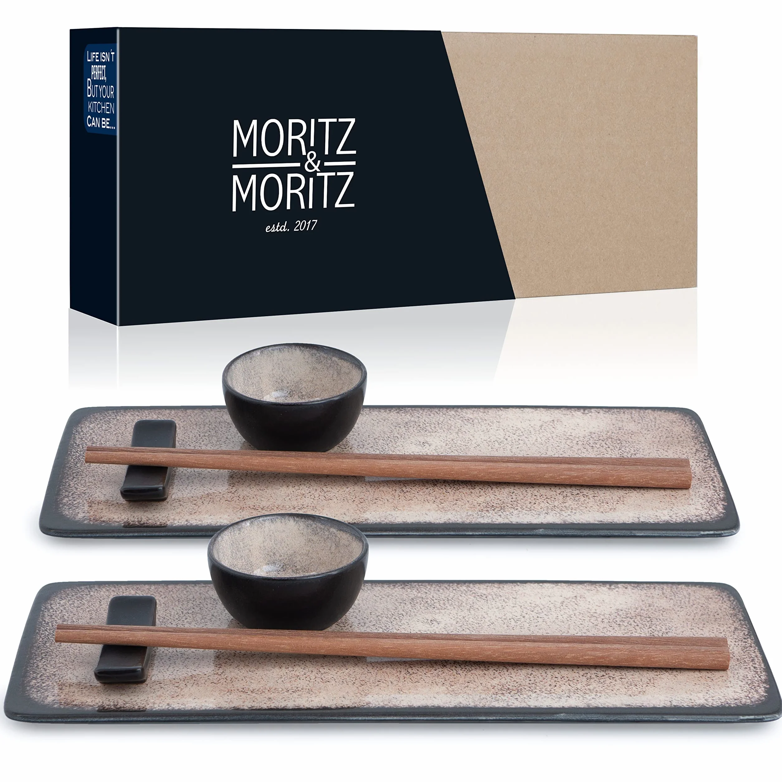 Moritz & Moritz VIDA zestaw naczyń do sushi dla 2 osób, zestaw 10 sztuk, zestaw do sushi z 2 talerzami do sushi, miseczkami na sosami i pałeczkami
