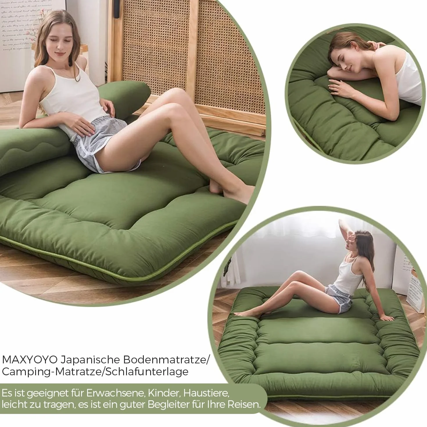 MAXYOYO Japoński materac podłogowy futon, pogrubiony, mata tatami, podkładka do spania, składany, zwijany, do sypialni, zielony, podwójny