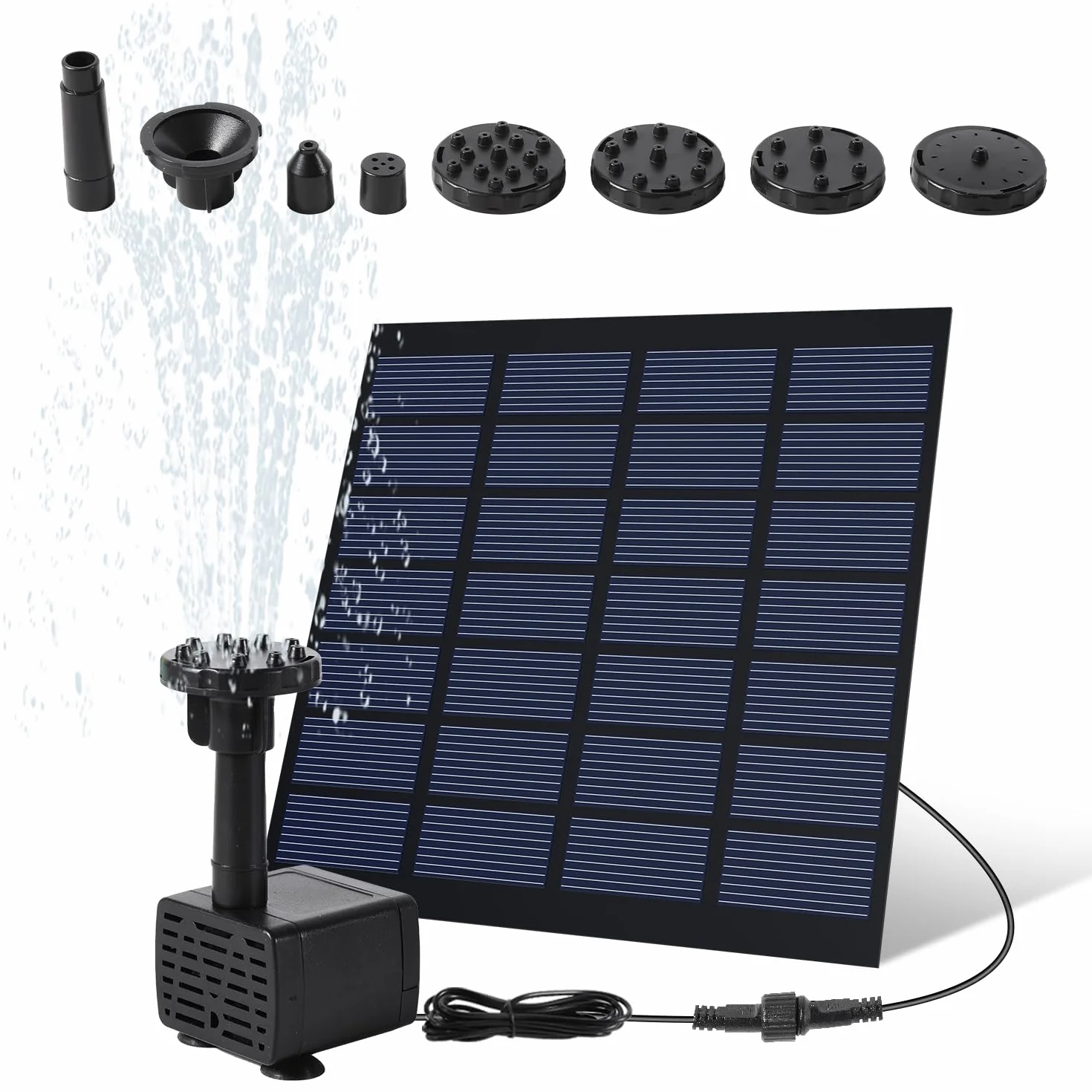 Sonnewelt Solarna fontanna, bezszczotkowa pompa do stawu 7 V, 1,5 W, solarna pompa wodna z 10 stylami fontanny, do zabaw wodnych, stawów, łaźni ptaków, ogrodu
