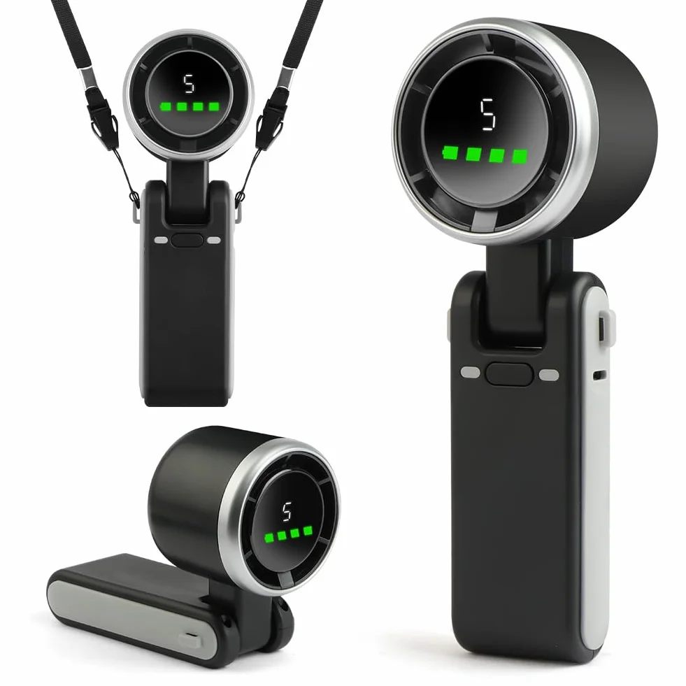 AUAUY Przenośny ręczny wentylator turbo, 5 regulowanych prędkości wentylatora, ręczny wentylator biurkowy 3 w 1, ładowanie USB-C 3600 mAh, składany wentylator biurkowy LED o 180°, do podróży, na