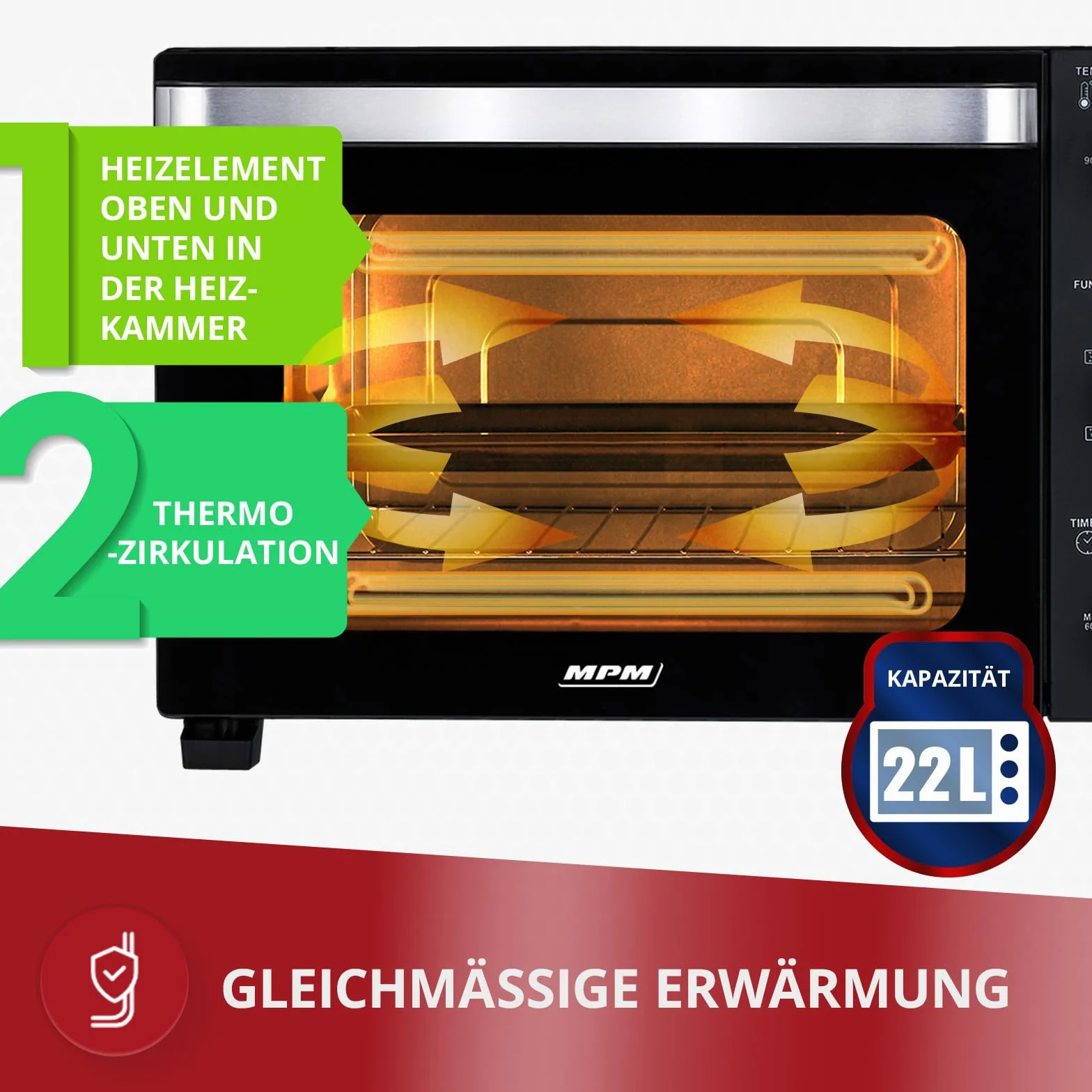 MPM MPE-14/T mini piekarnik 22 l 1300 W 90-230°C timer 60 min podwójne szyby