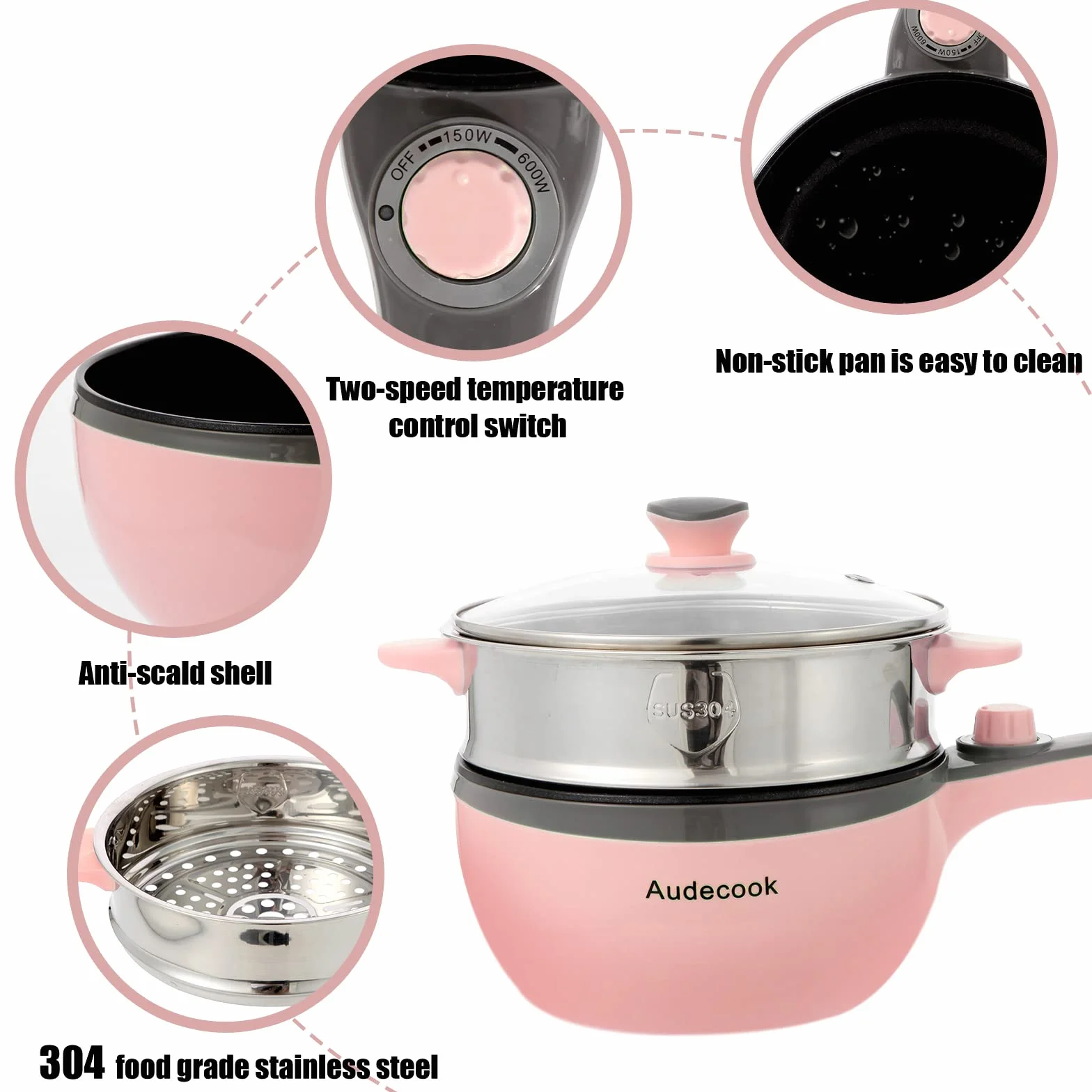 Audecook Hot Pot Elektryczna mini patelnia elektryczna, przenośna, nieprzywierająca patelnia do smażenia z regulacją mocy, szybka kuchenka do ramenu, podróżny multicooker, garnek elektryczny, do zupy