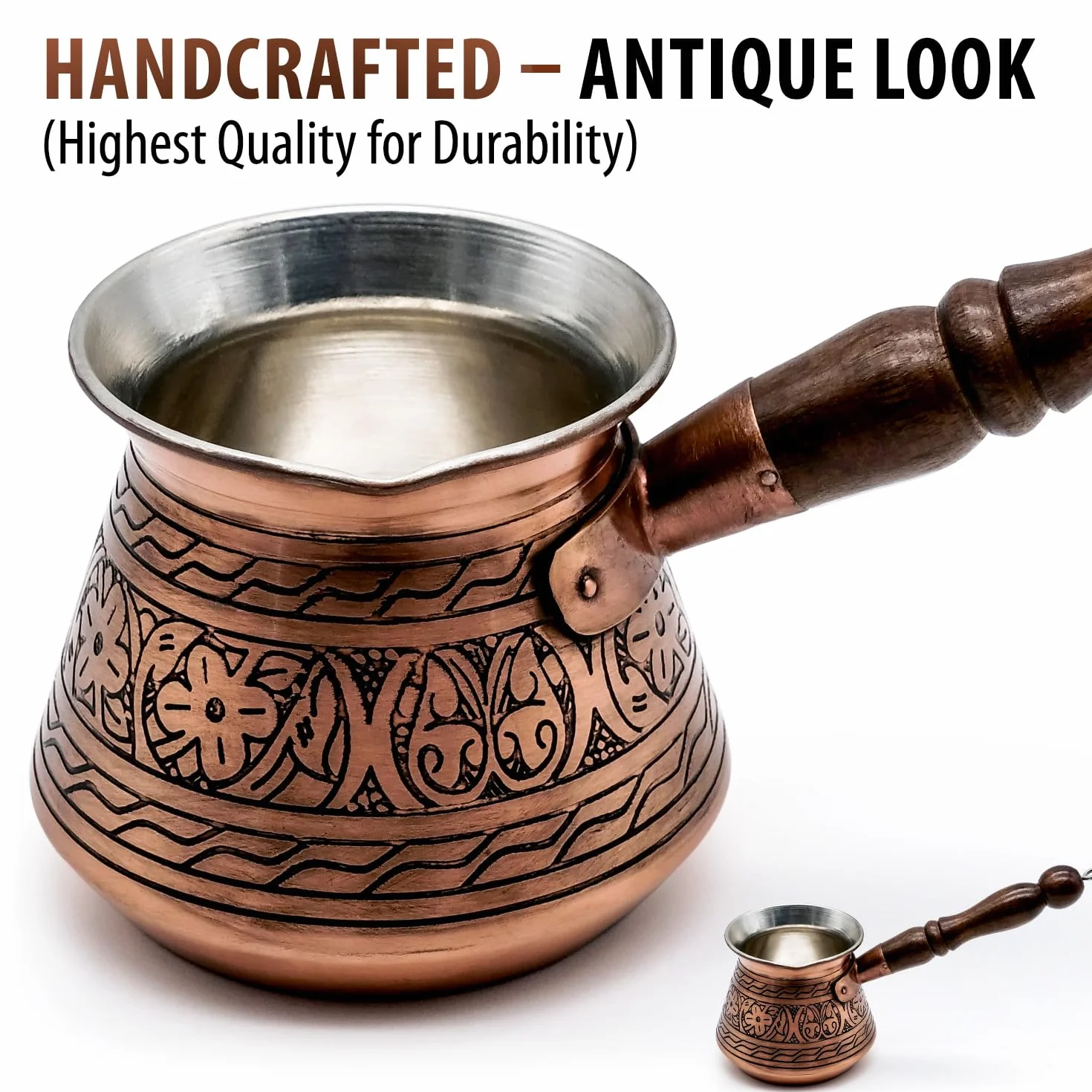 Miedziany Cezve Ibrik Turkish Coffee Pot 450 ml Ręcznie Wykonany Grawerowany 2 mm