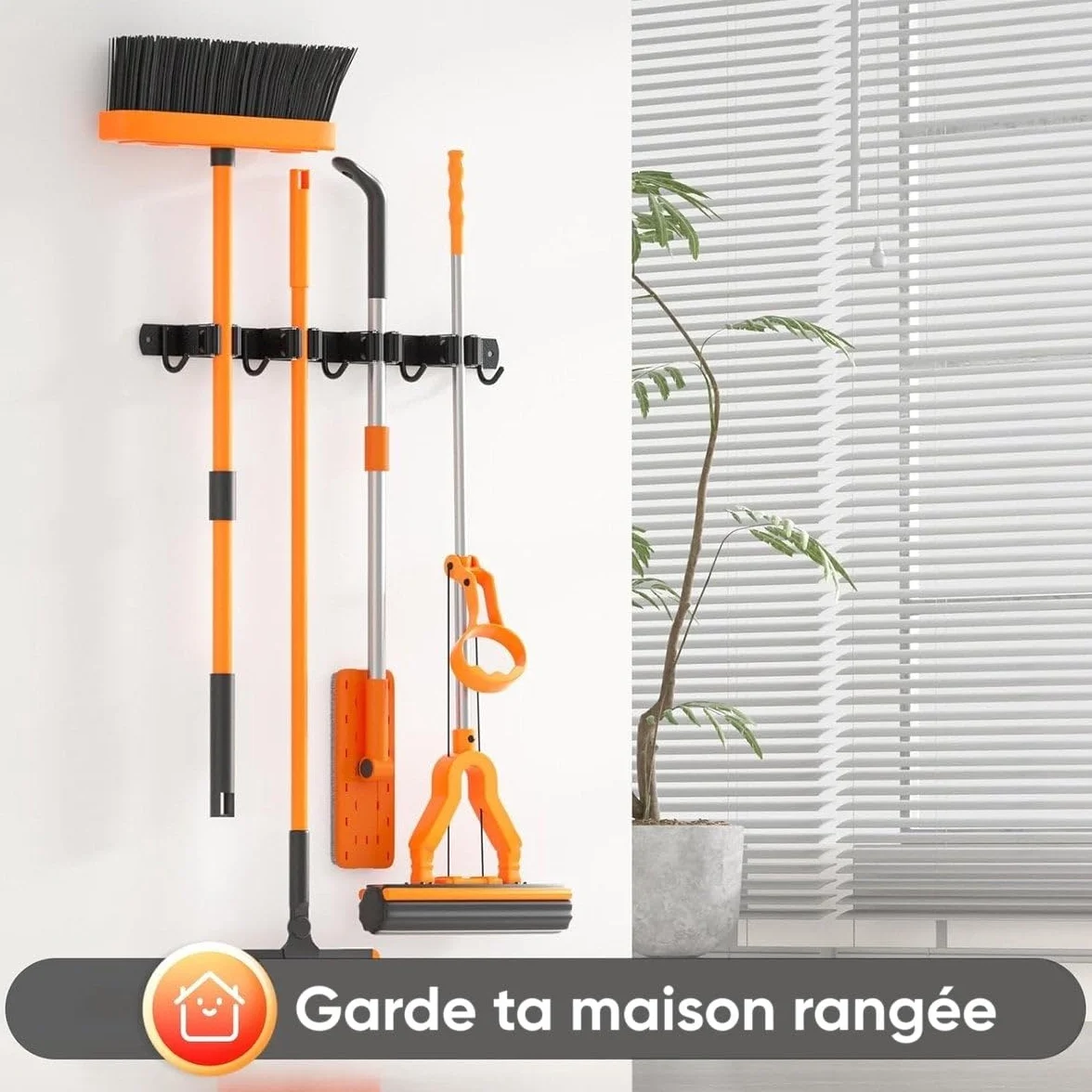 TOJ Living Uchwyt na miotłę na ścianę – narzędzia ogrodowe – uchwyt na miotłę – uchwyt ścienny – 7 uchwytów – 8 haczyków – 82 cm – stal nierdzewna – czarny