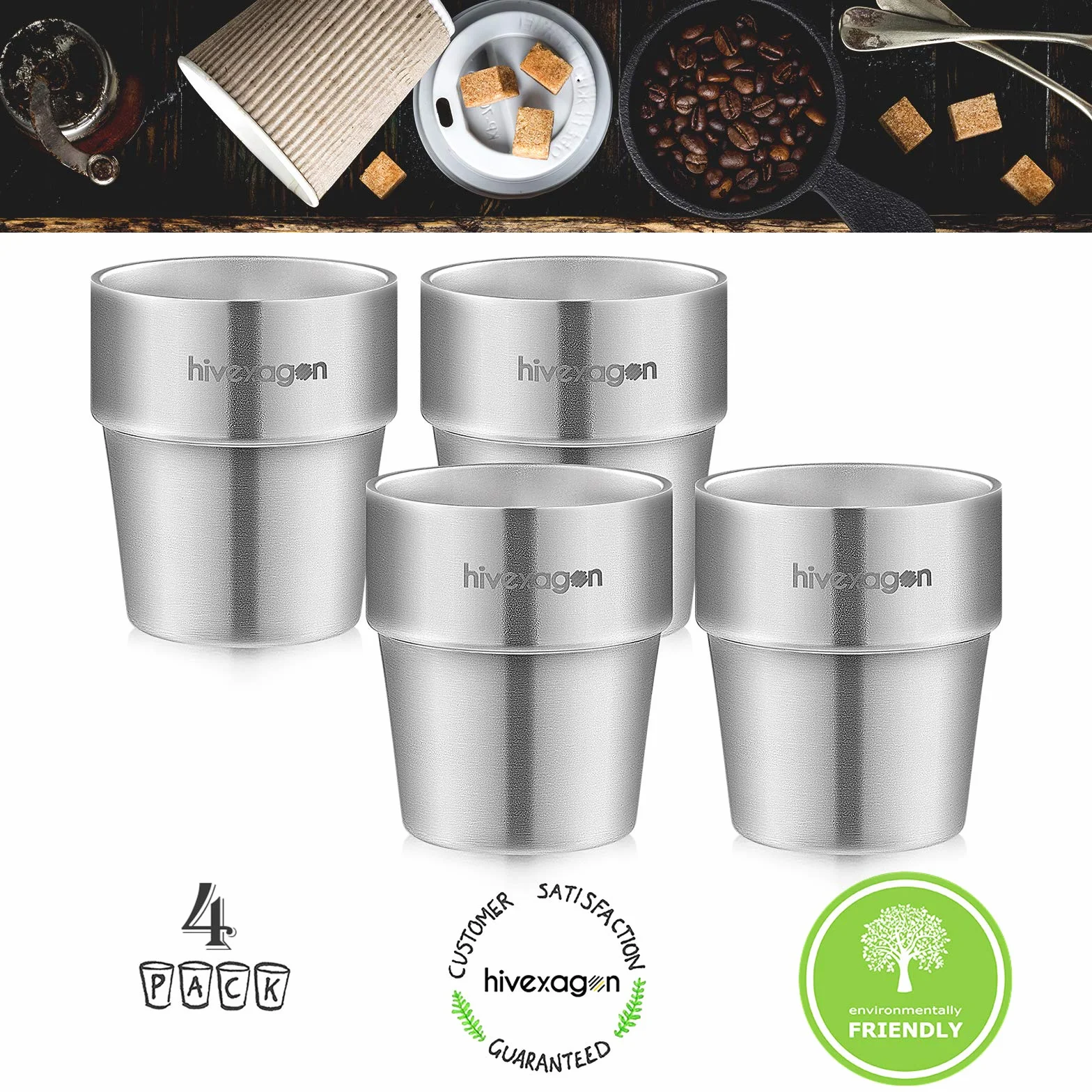 Hivexagon Kubki ze stali nierdzewnej 300 ml zestaw 4 sztuk podwójne ścianki