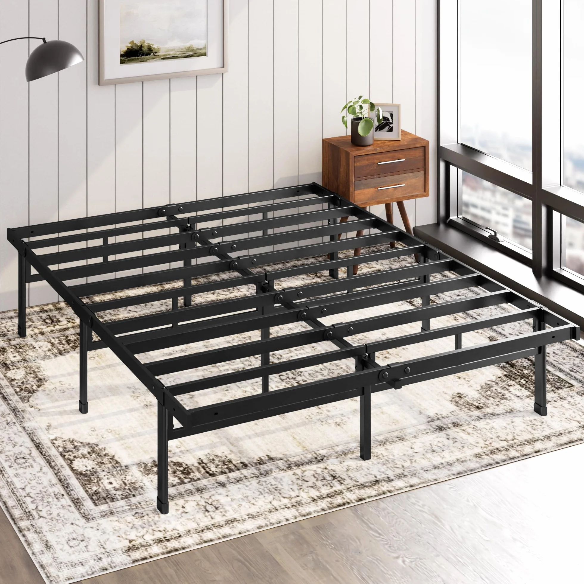 Zinus Justin łóżko 140 x 200 cm – wysokość 36 cm z miejscem do przechowywania pod łóżkiem – metalowa platforma – czarne
