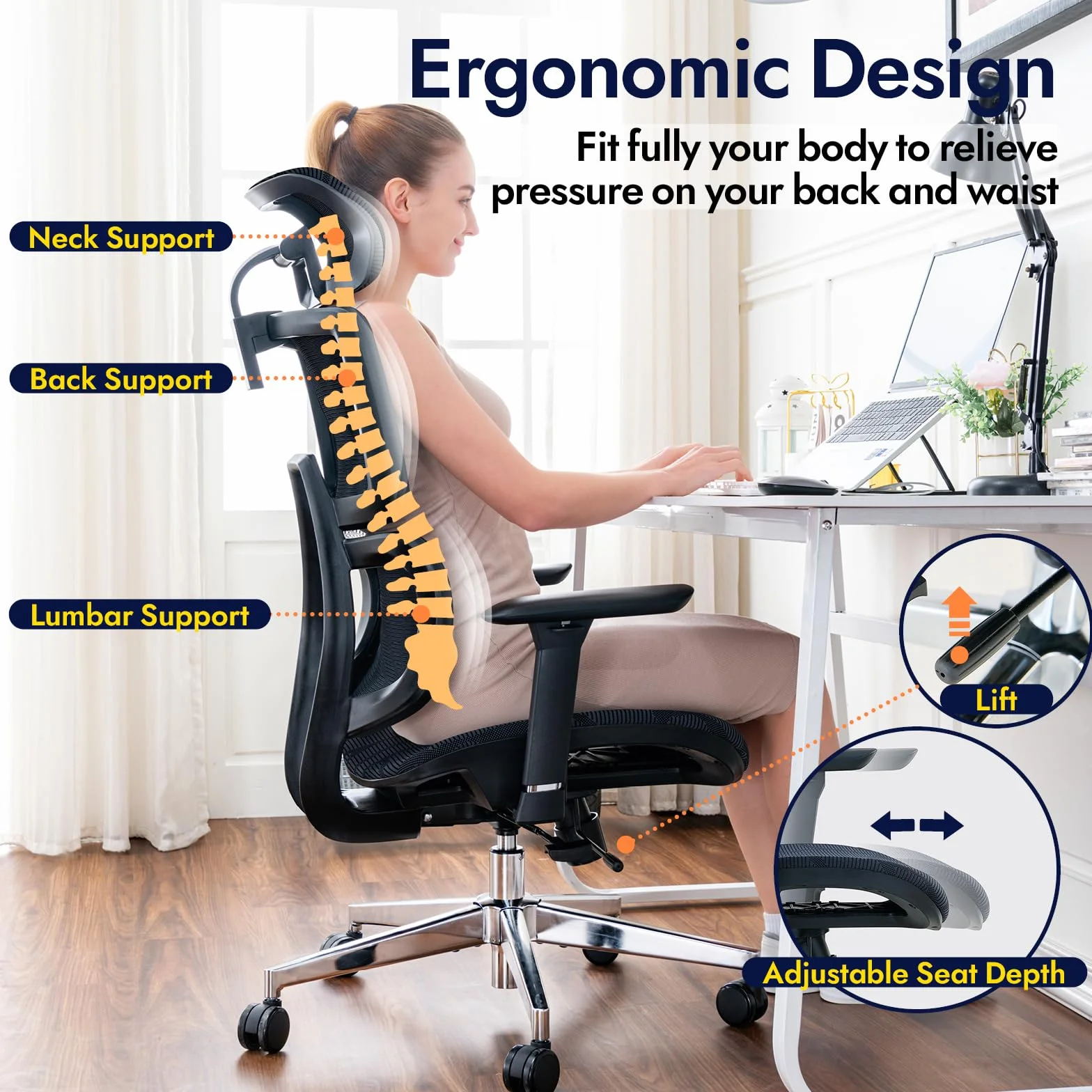 Ergonomiczne krzesło biurowe, ALL-Mesh wysokie oparcie, domowe krzesło biurowe, podparcie lędźwiowe, fotel gamingowy, regulowane podłokietniki i zagłówek 3D, duże i wysokie obrotowe krzesło