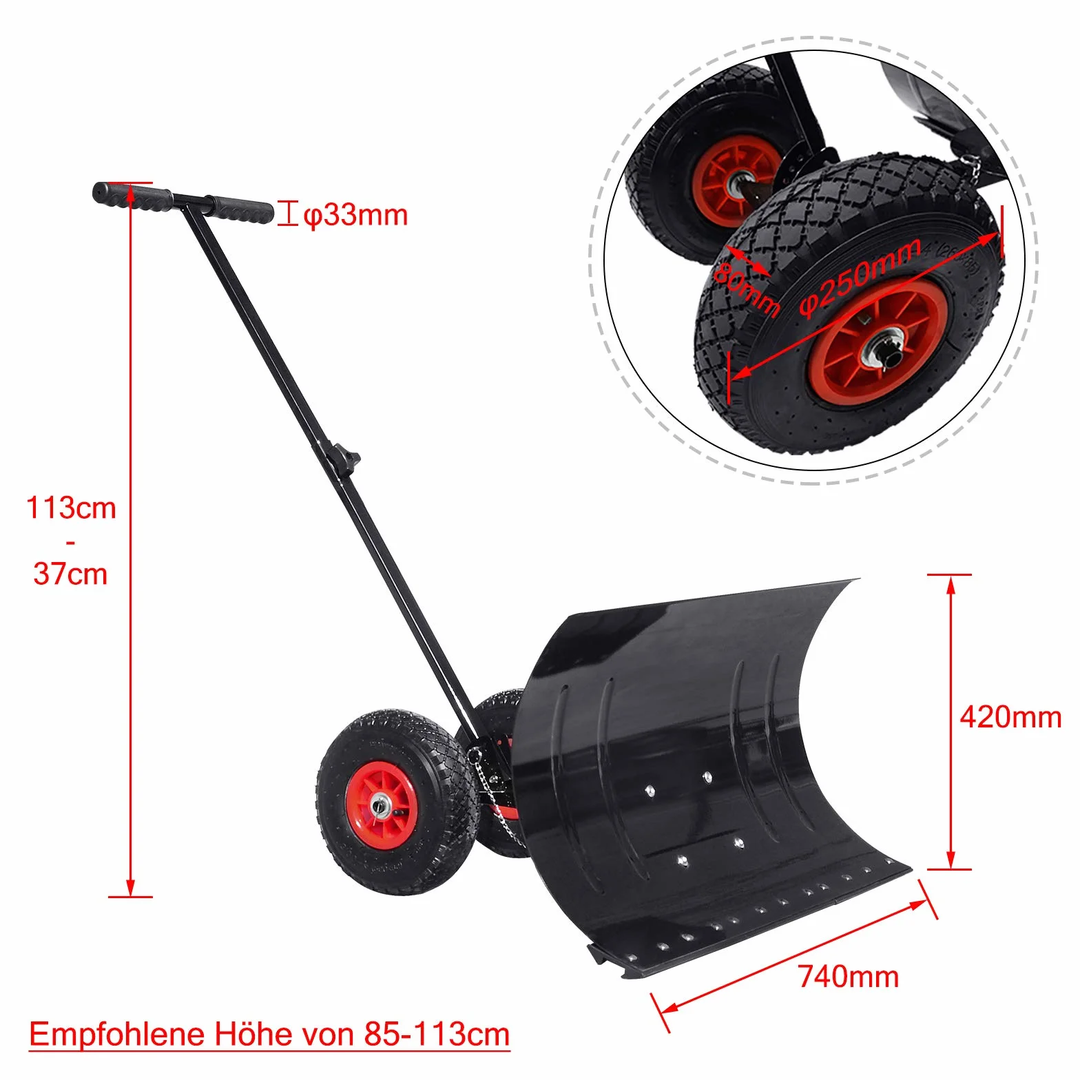NAIZY szufla do śniegu z 5-stopniową regulacją wysokości, odśnieżarka z kołami o średnicy φ25 cm, z metalową tarczą z 74 cm szeroką plastikowa łopatą, odśnieżarka do podjazdów, ogrodów, chodników