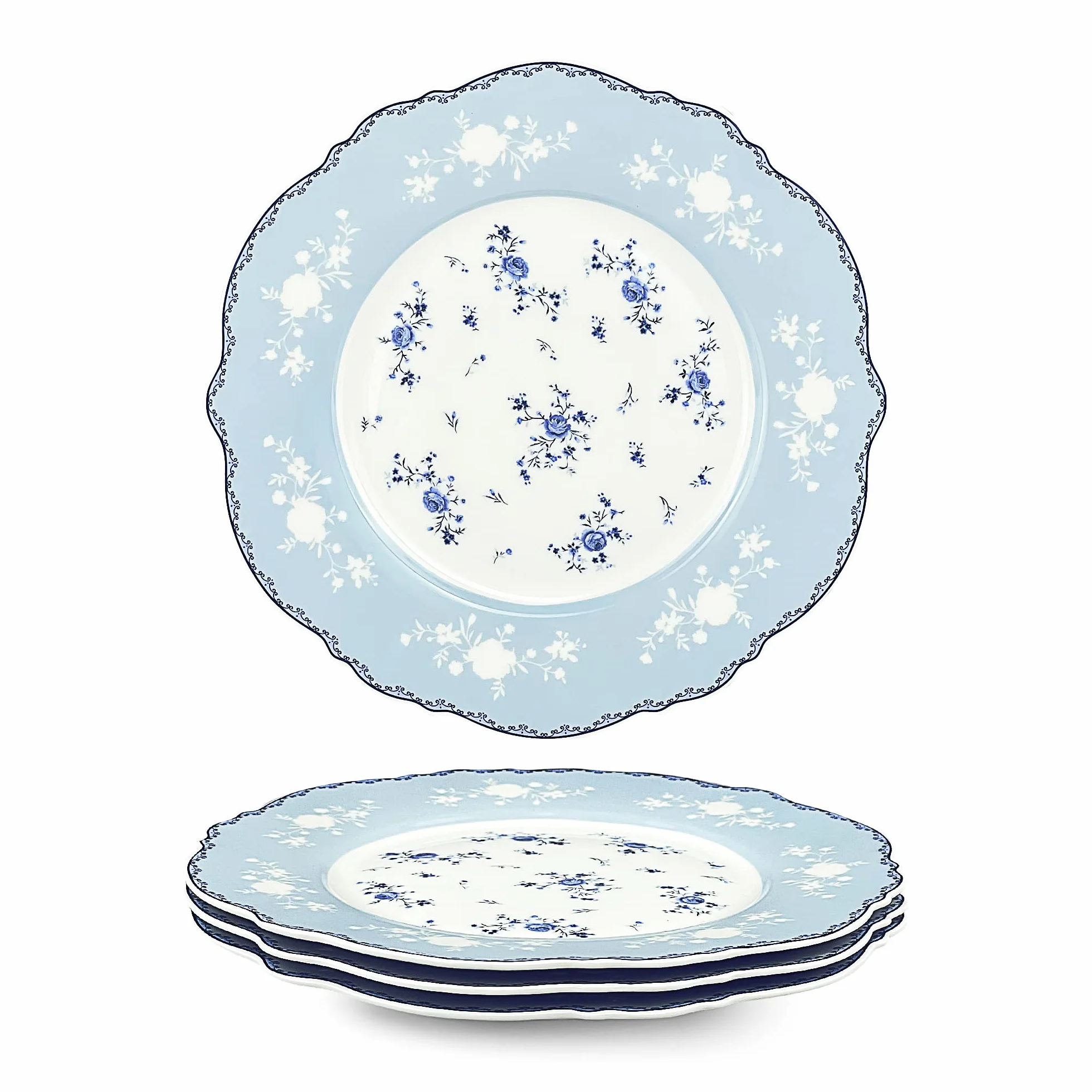 fanquare Zestaw 4 porcelanowych talerzy deserowych, 20,8 cm, małe talerze ceramiczne, niebieskie kwiaty, zestaw naczyń ze złotym brzegiem