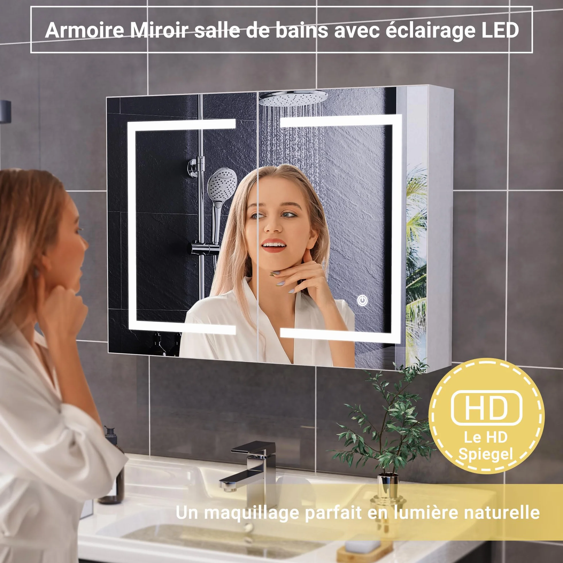 Szafka łazienkowa z lustrem i oświetleniem LED, szafka toaletowa z lustrem 80 x 13,5 x 60 cm z miejscem do przechowywania, przeciwmgielna, do łazienki, kuchni, a nawet salonu (podwójne drzwi)
