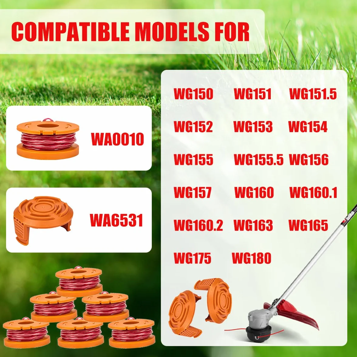 8 sztuk szpuli do podkaszarki dla WORX, kompatybilne z wszystkimi podkaszarkami WORX WA0010, zamienna szpula z żyłką 20V, żyłka do WORX WG151 WG163 WGg, 175 WG180, średnica 1,65mm, 3m i 2 sztuki