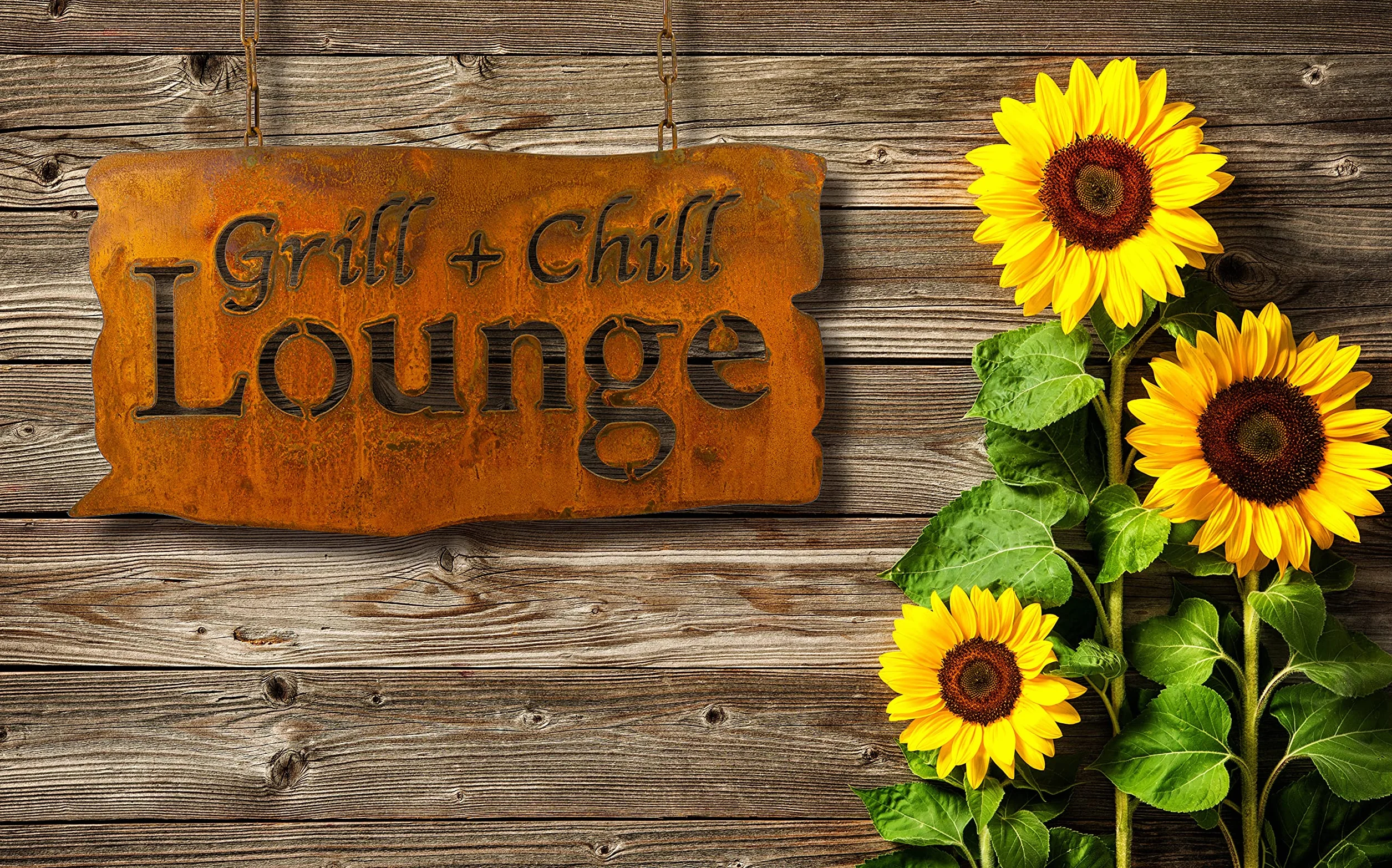 Duża odporna na warunki atmosferyczne tabliczka z patyną szlachetną Grill+Chill Lounge do zawieszenia