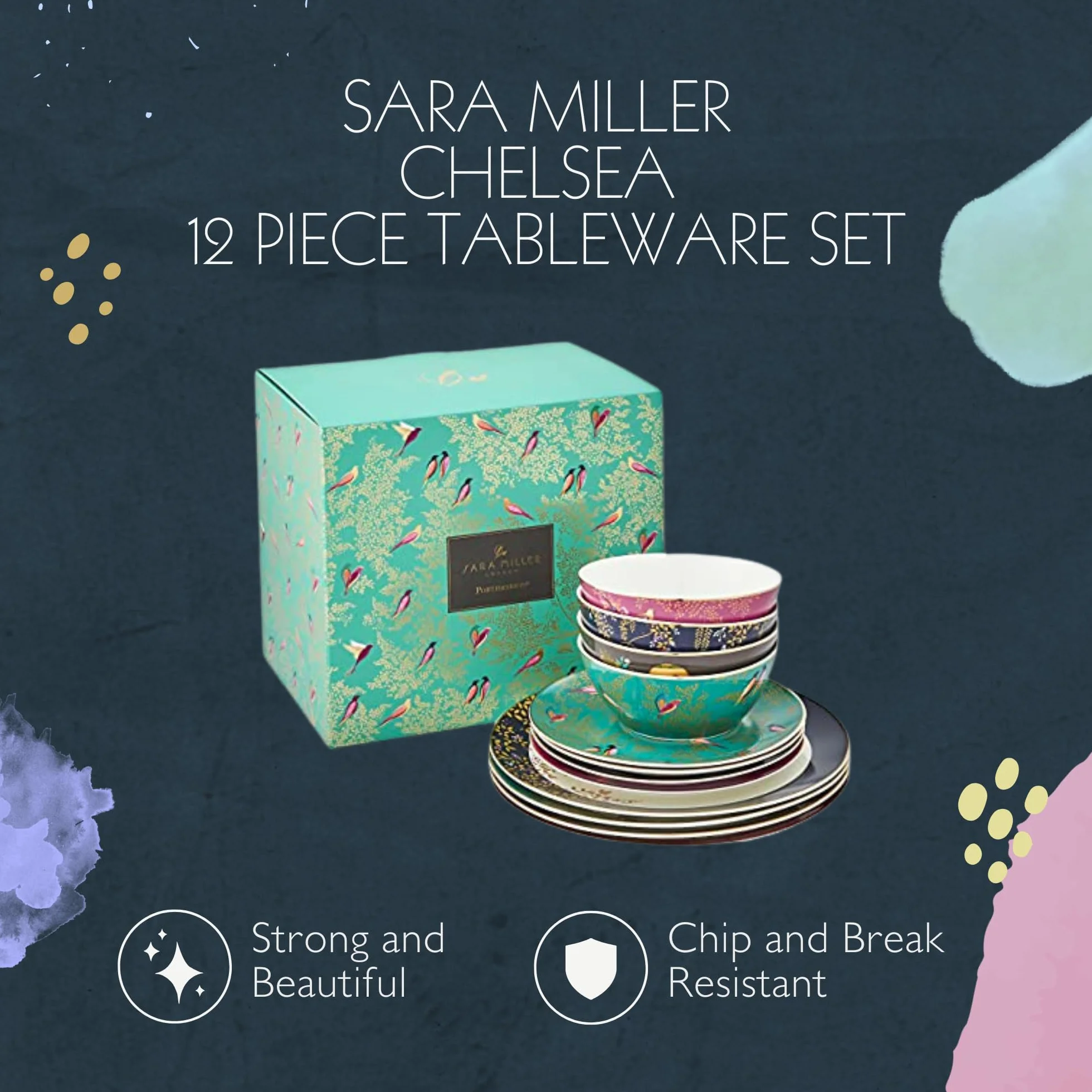 Sara Miller London Chelsea Collection 12-częściowy zestaw zastawy stołowej porcelana złota biała