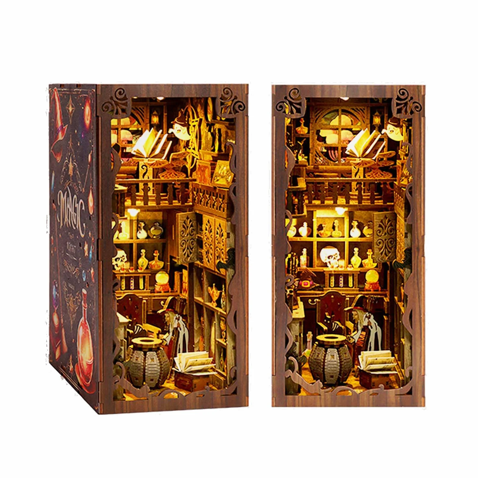 Cuteefun DIY Book Nook Kit, miniaturowa wkładka do książek DIY, drewniana podpórka do książek 3D ze światłem LED, delikatna dekoracja, dorośli i młodzież (magiczna noc)