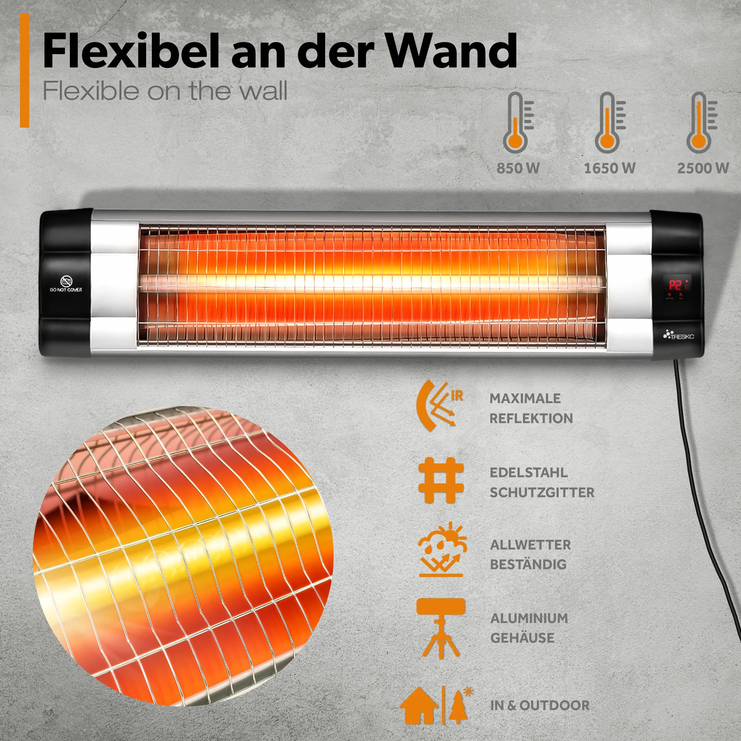 TRESKO Promiennik podczerwieni 2500 W z pilotem zdalnego sterowania | elektryczny promiennik ciepła z 3 stopniami ogrzewania | promiennik tarasowy do wewnątrz i na zewnątrz | promiennik podczerwieni z