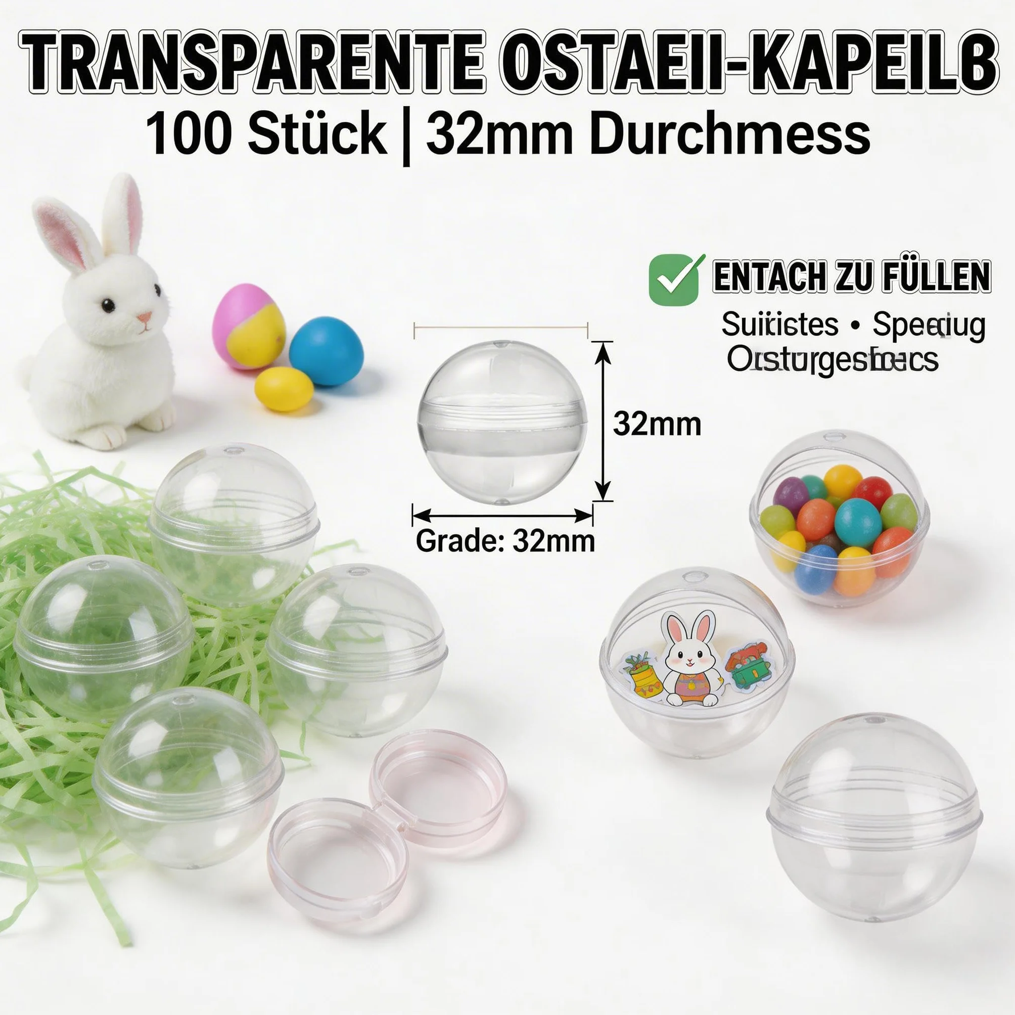 100 sztuk plastikowych kul do napełniania, akrylowe do majsterkowania, z tworzywa sztucznego, przezroczyste pazurów, maszyny, jajek, zabawki zabawy, 3,2 cm, 150024NYYM