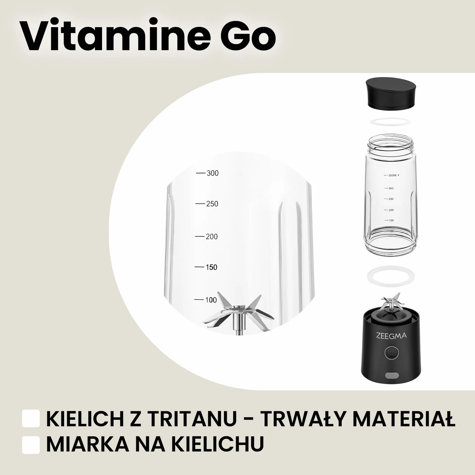 ZEEGMA VITAMINE GO Przenośny Blender do Koktajli i Smoothie 300W, Osobisty Mikser, Mini Blender 450 ml z 6 ostrzami, 2 Prędkości Bateria 5000 maH, 25 użyć na jednym naładowaniu (Czarny)