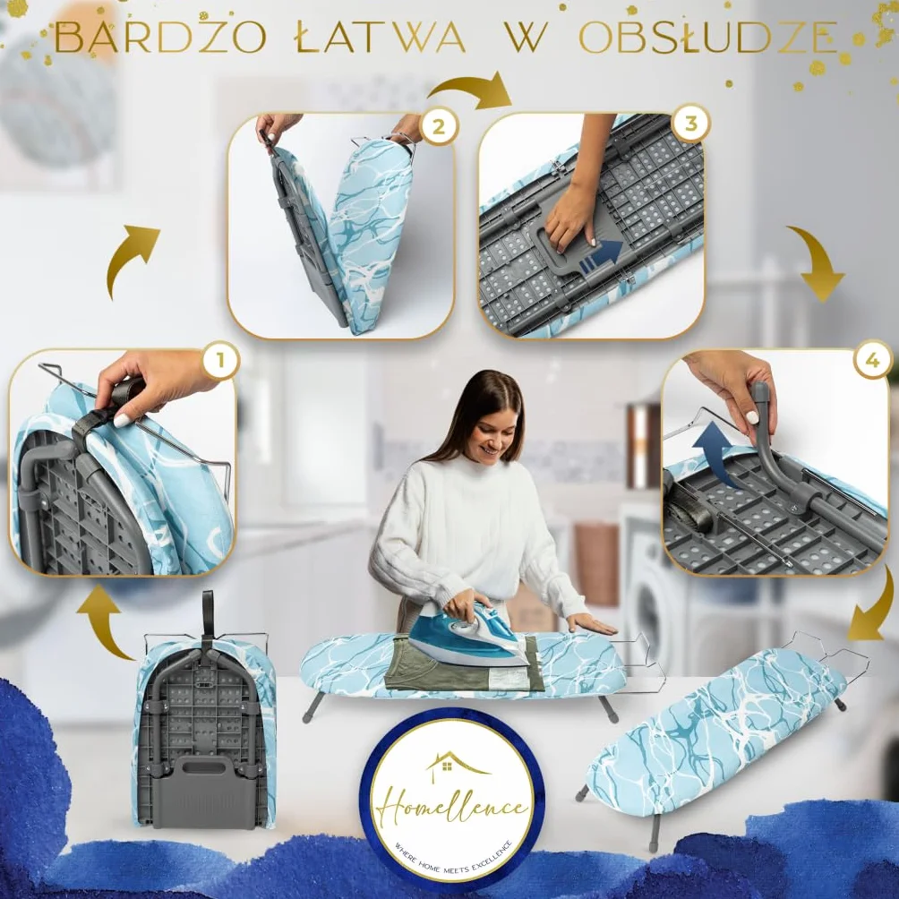 Homellence Kompaktowa Deska do Prasowania Stołowa z Mechanizmem Opatentowanym - Mała Składana Deska Mini Przenośna - Idealna do Mieszkania, Podróży, Wakacji - 2 Pokrowce Premium (Niebieska)