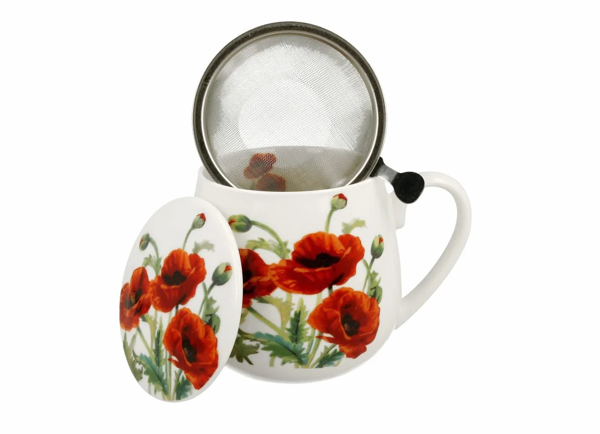 DUO FLORAL kubek beczkowy 430 ml Classic POPPIES z sitkiem do herbaty porcelana New Bone China