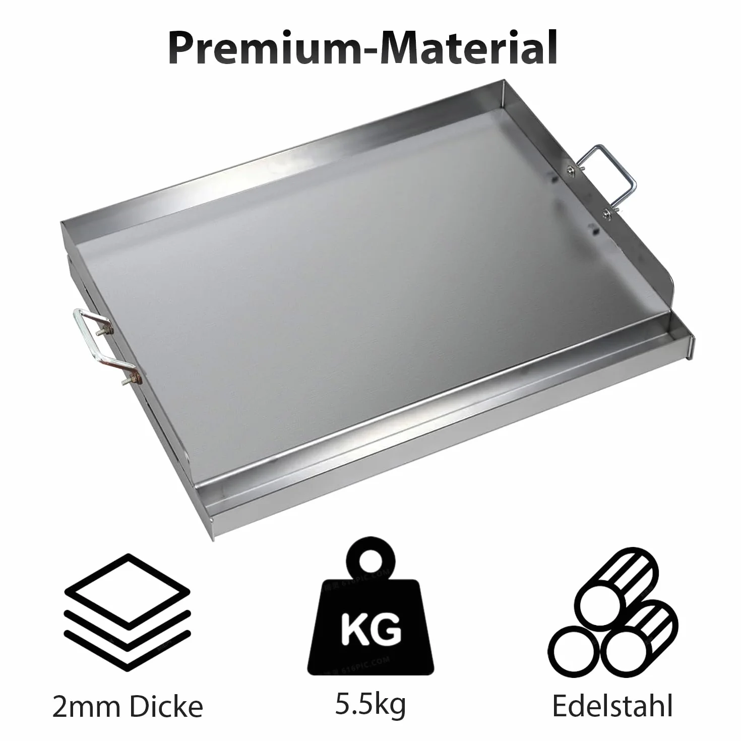 Płyta grillowa z stali nierdzewnej | 54x41x8 cm | uniwersalna deska BBQ, plancha 2 mm, pasująca do grilla gazowego i na węgiel