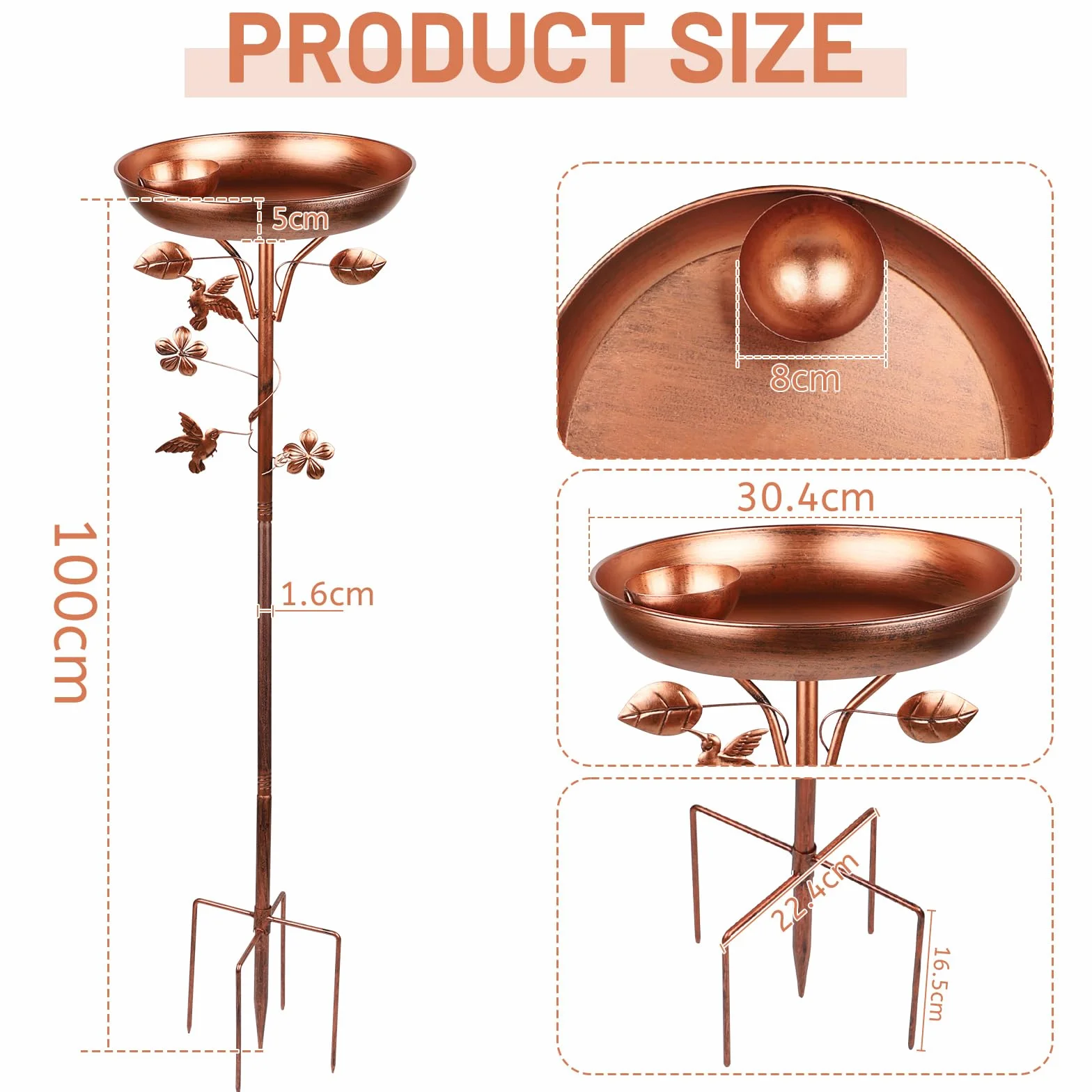 LALAGO Metalowa wanna na ptaki ogród, poidło dla dzikich ptaków podstawa 5-krotna, stojąca podajnik zewnętrzny, samodzielny styl vintage dekoracja patio 97 x 30 cm