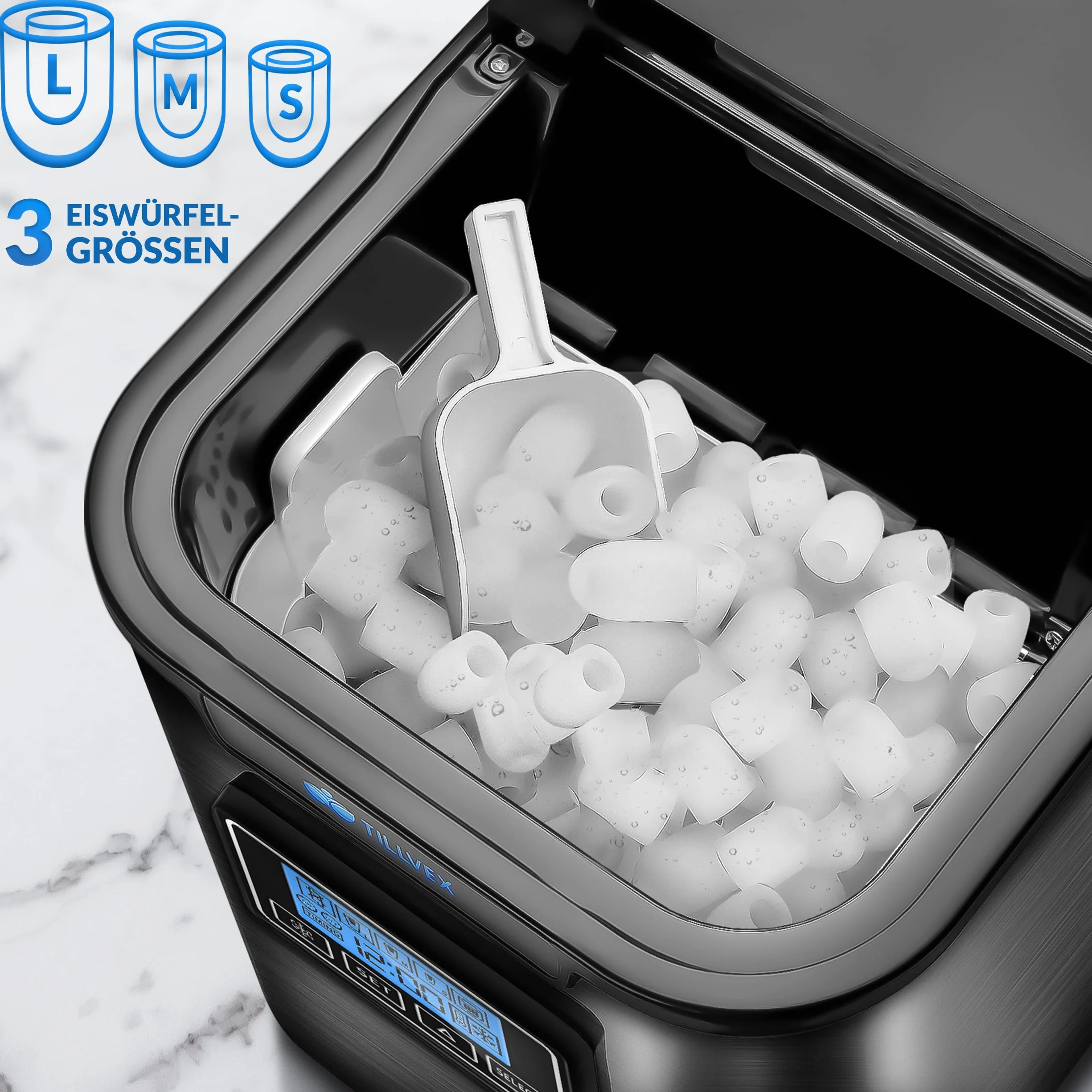 Kostkarka do lodu ze stali nierdzewnej 12 kg/24 h 2,2 l timer LCD samoczyszcząca 3 rozmiary kostek czarna