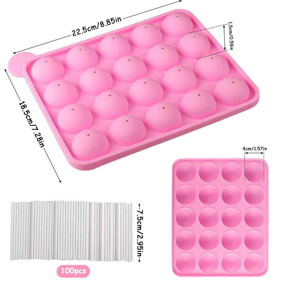 Forma Pop Cake, foremki na cukierki, 20 wgłębień silikonowa forma do wyskakujących patyczków, z 100 patyczkami do smoczka czekoladowego, narzędzia do pieczenia DIY, różowa