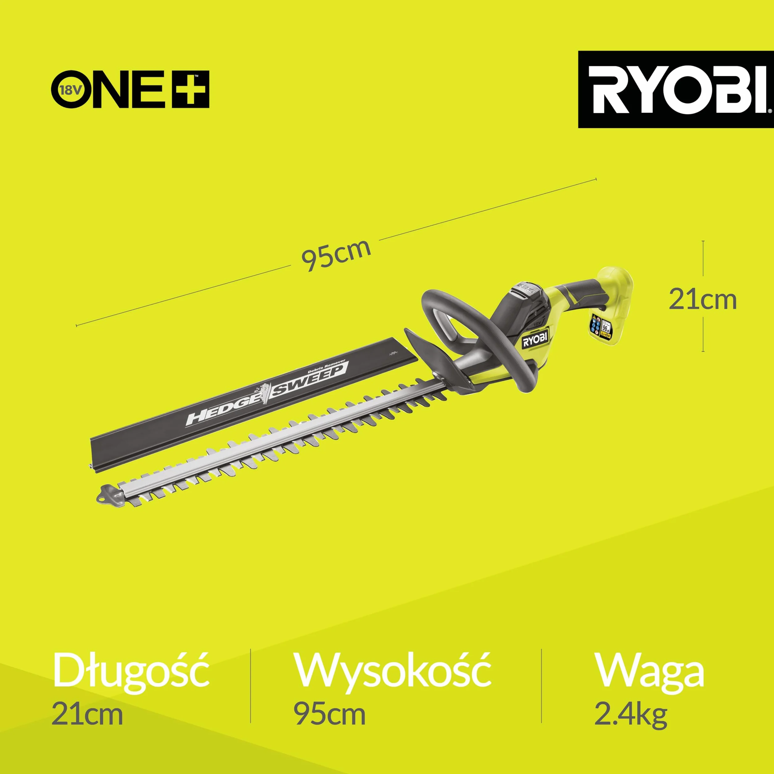 Ryobi Nożyce do Żywopłotu 18V RY18HT50A-0, Długość Ostrza 50 cm, Zakres Pracy 24 mm, 1350 obr/min, Ostrze Szlifowane Diamentowo, Wersja bez Akumulatora i Ładowarki