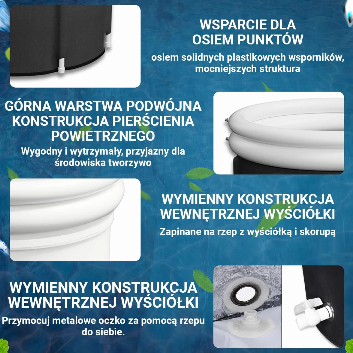 Fleau Home Kąpiel lodowa XXL PRO – basen z pokrywą i pompką – unikalny model izolacyjny – podwójna poduszka do siedzenia – wanna nadmuchiwana – wanna – nadmuchiwana – metoda Wim Hof