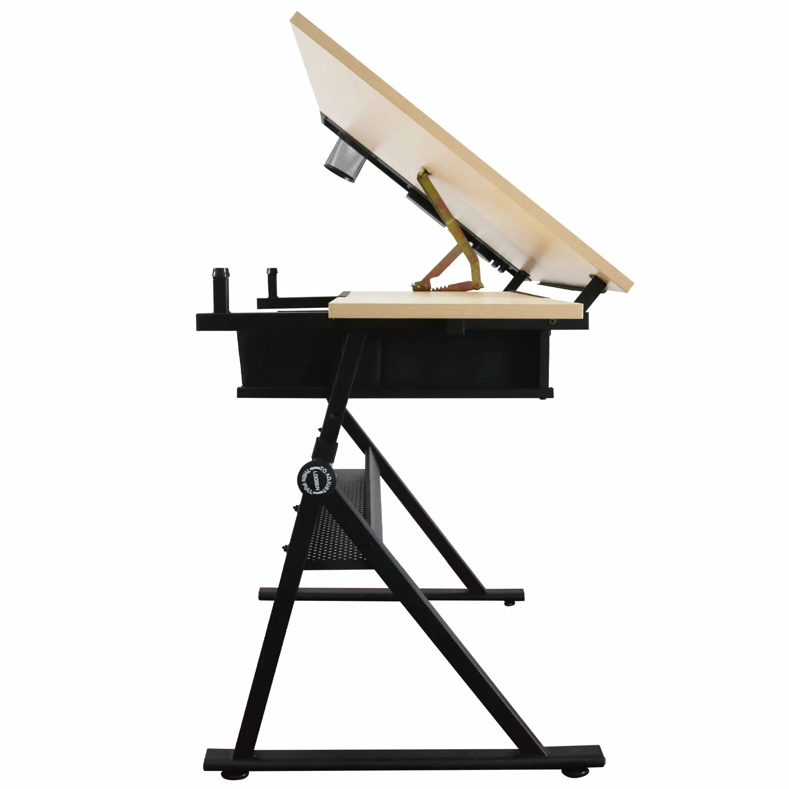 MIADOMODO® Stół do rysowania – uchylny, 115x60 cm, regulowana wysokość, MDF, stołek, 2 szuflady – stół kreślarski, artystyczny, techniczny