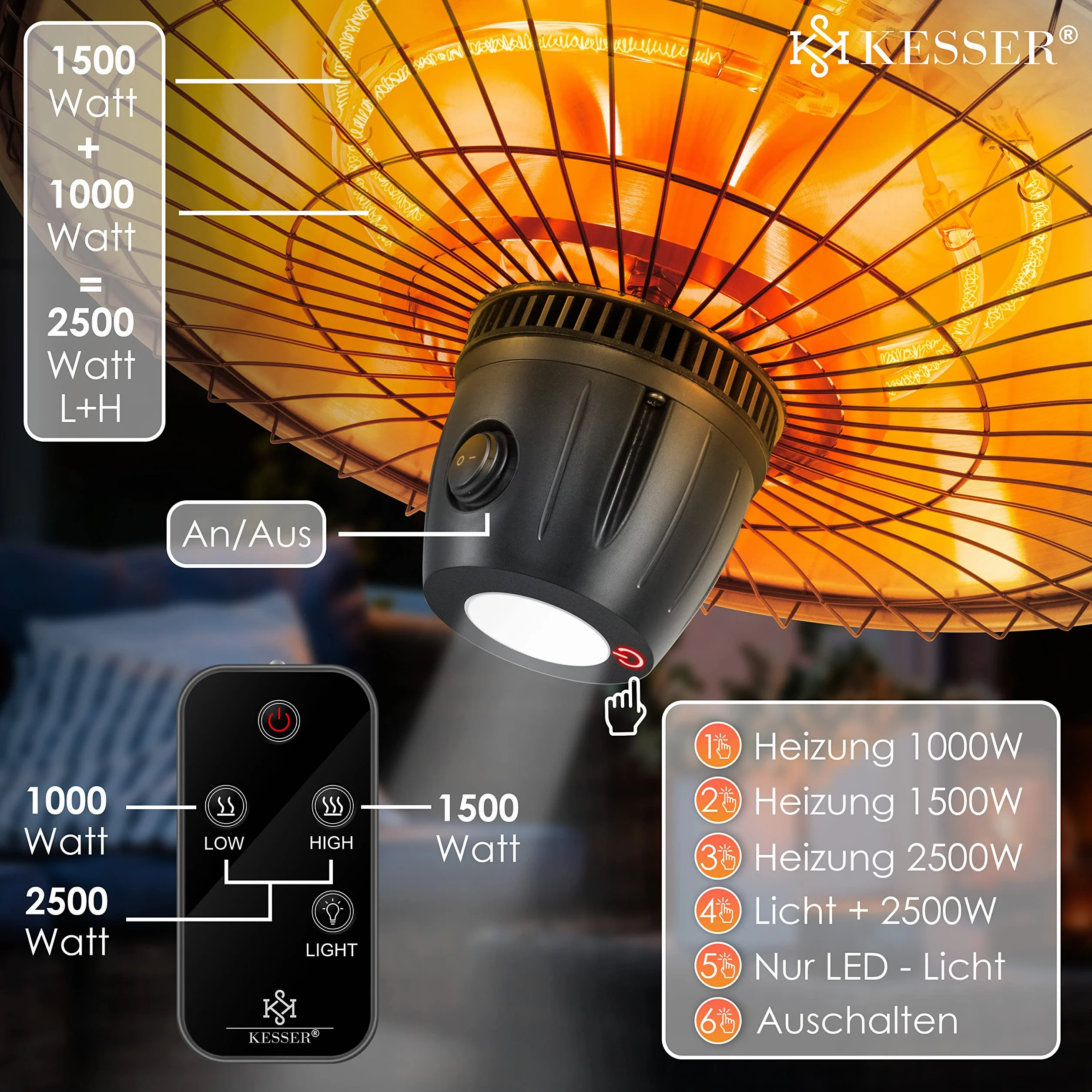 KESSER® Grzejnik sufitowy na podczerwień, 2500 W, promiennik tarasowy, z pilotem zdalnego sterowania, kwarcowy, światło LED, sufit, z łańcuszkiem i karabińczykiem, element grzejny z włókna węglowego