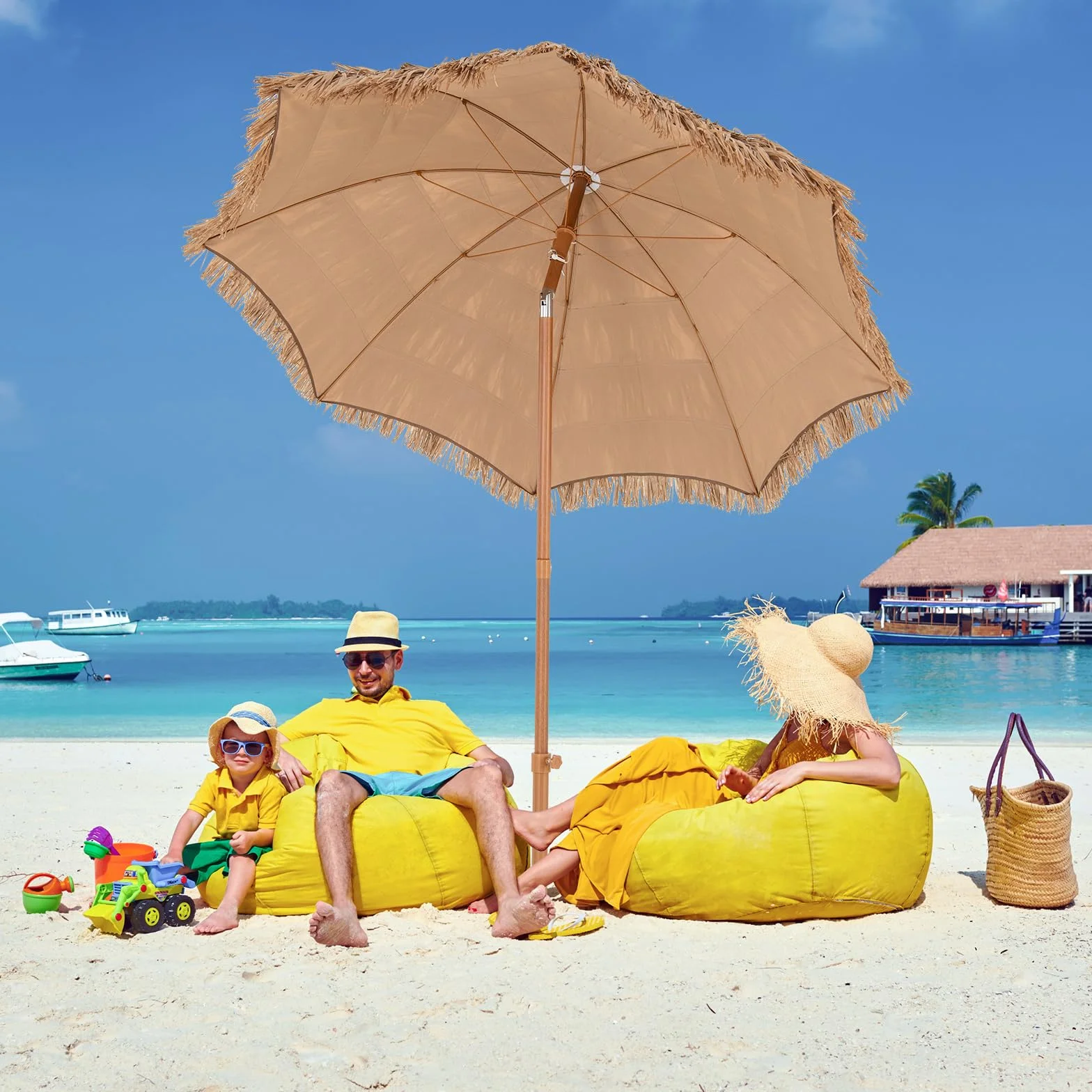 COSTWAY Hawajski parasol przeciwsłoneczny, słomkowy ze składanym stojakiem, parasol plażowy, możliwość przechylania słomy, parasol ogrodowy, parasol na taras, z torbą do przenoszenia, do ogrodu, na